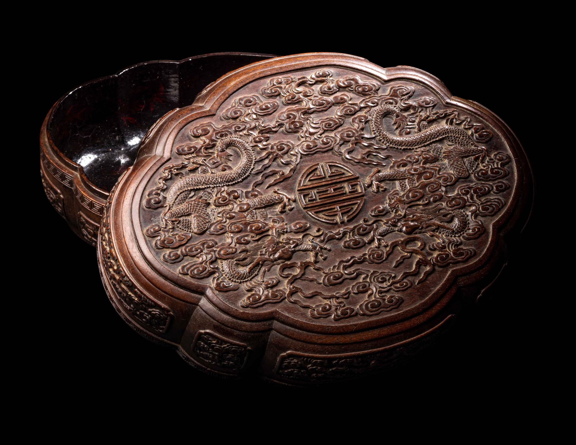 A Chinese Carved Tielimu and Lacquered Wood 'Dragon' Covered Box