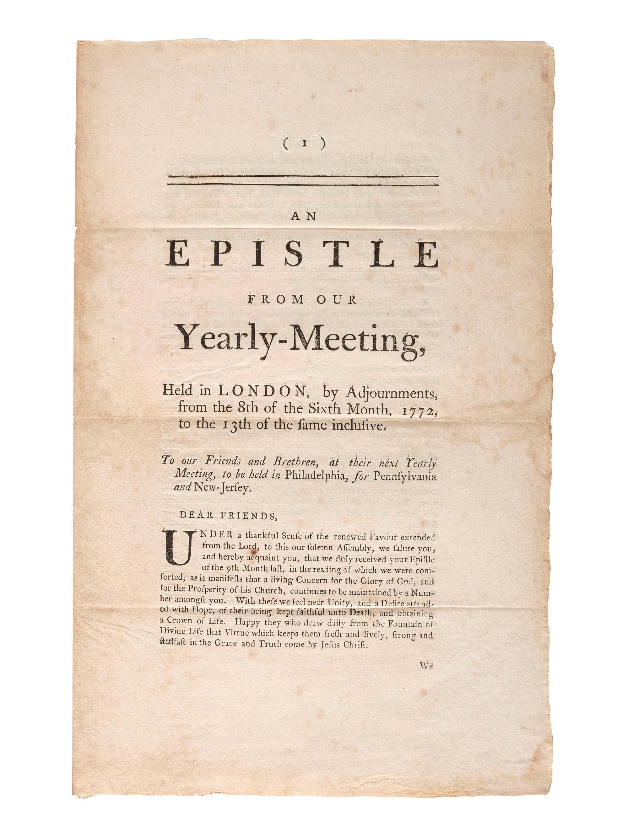 [QUAKERIANA] -- [AFRICAN AMERICANA]. A group of 27 epistles from Quaker Yearly Meetings.
