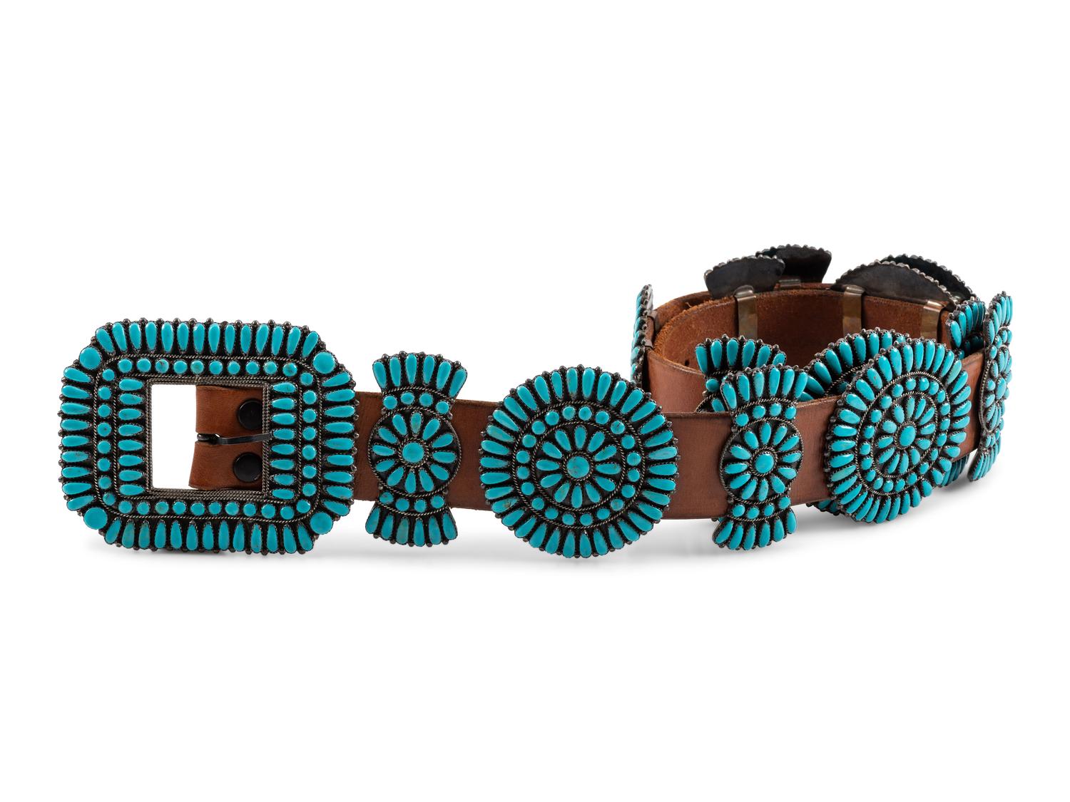 Navajo or Zuni Sterling Silver and Turquoise Cluster Concha Belt