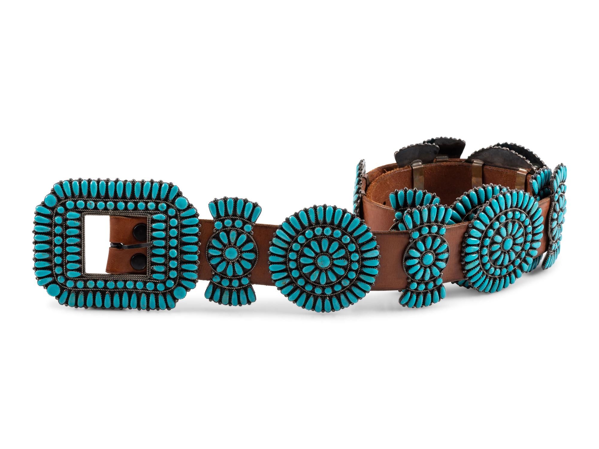Navajo or Zuni Sterling Silver and Turquoise Cluster Concha Belt
