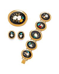 A Victorian Yellow Gold and Hardstone Pietra Dura Demi-Parure,