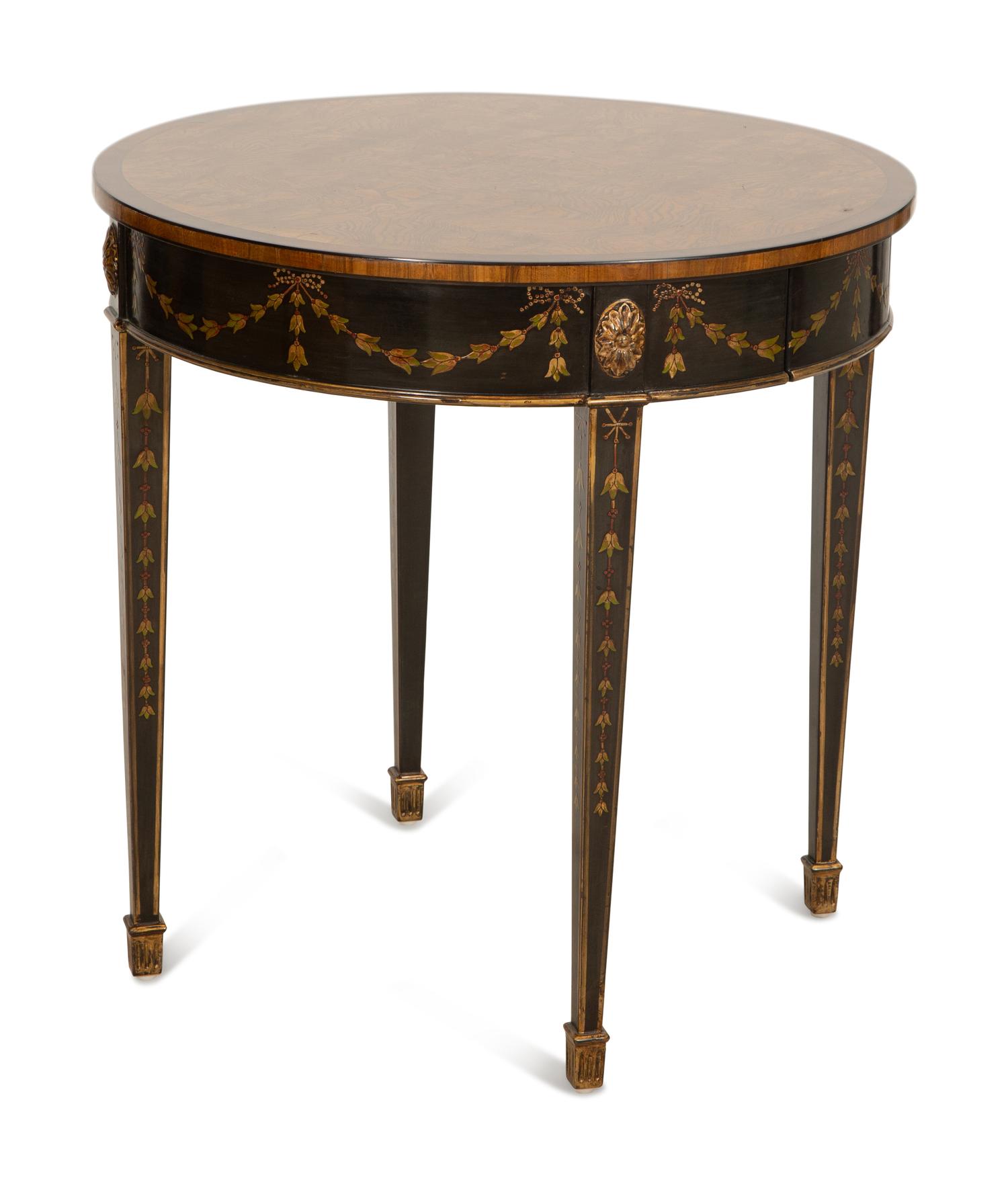 A Pair of Adam Style Burl Wood, Painted and Parcel Gilt Circular Tables