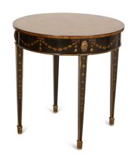 A Pair of Adam Style Burl Wood, Painted and Parcel Gilt Circular Tables