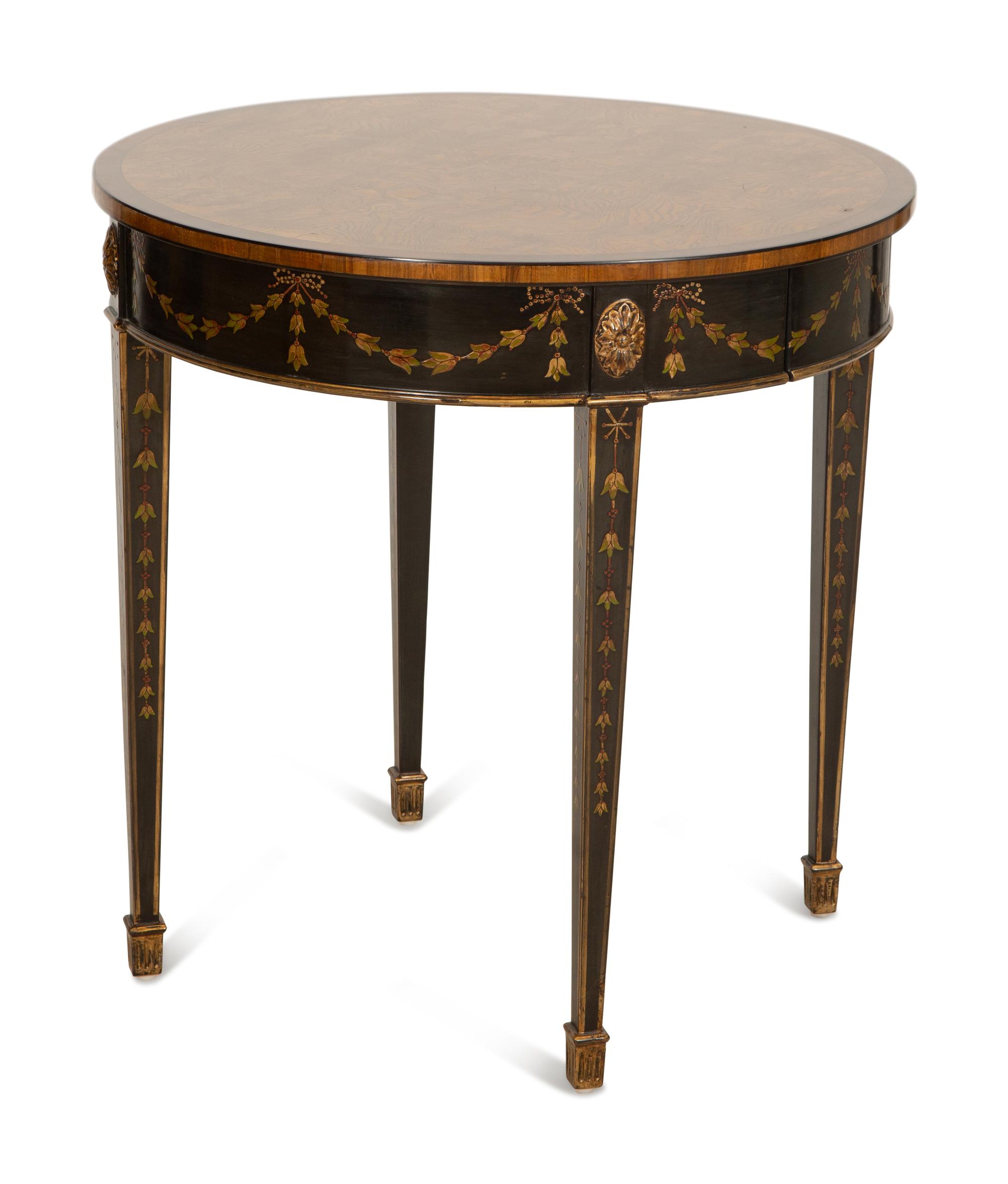 A Pair of Adam Style Burl Wood, Painted and Parcel Gilt Circular Tables