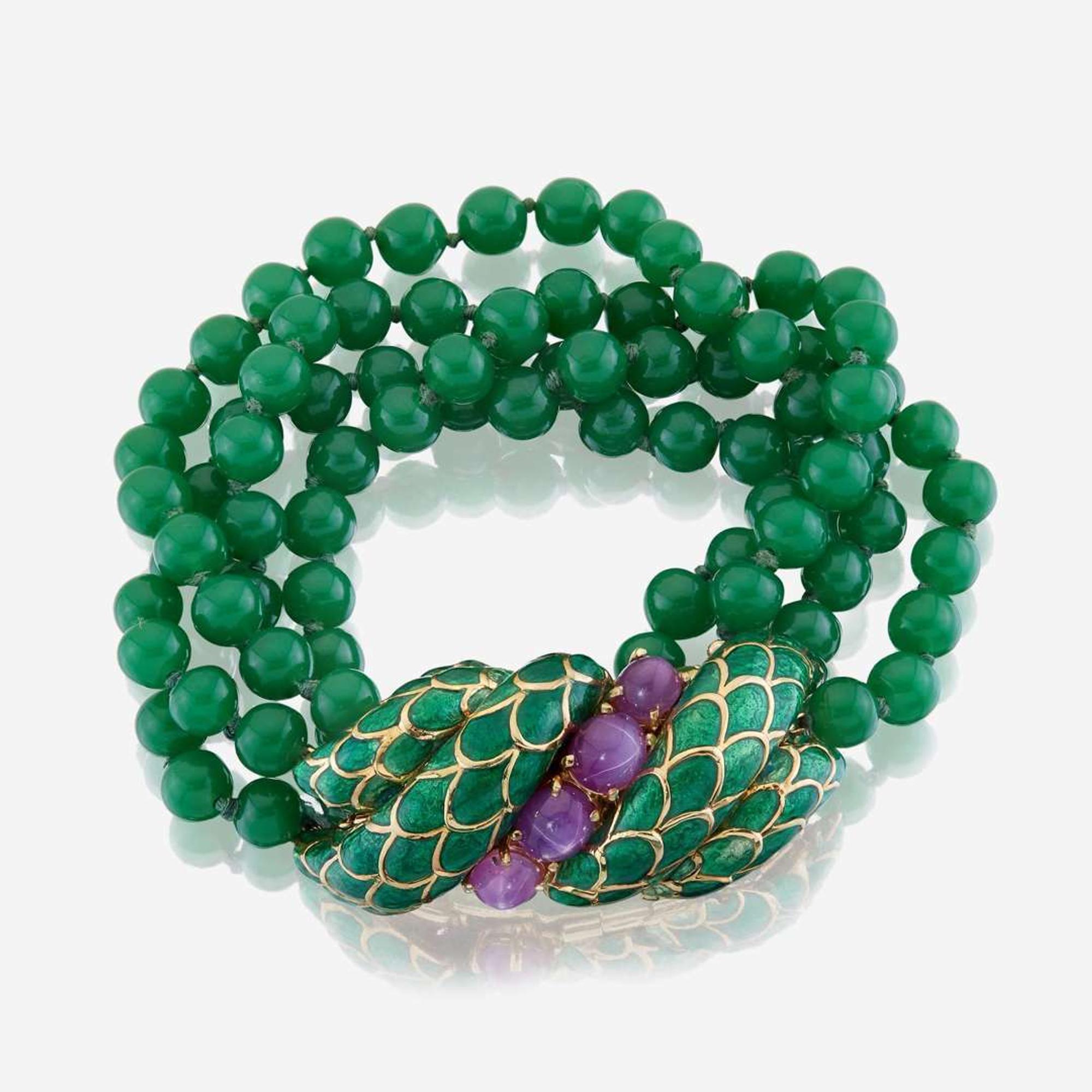An eighteen karat gold, enamel, star ruby, and glass bead bracelet, David Webb