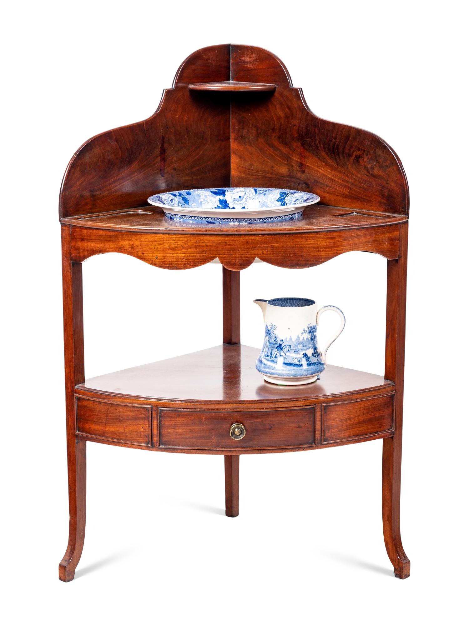 A George III Mahogany Corner Wash Stand with Basin and Pitcher