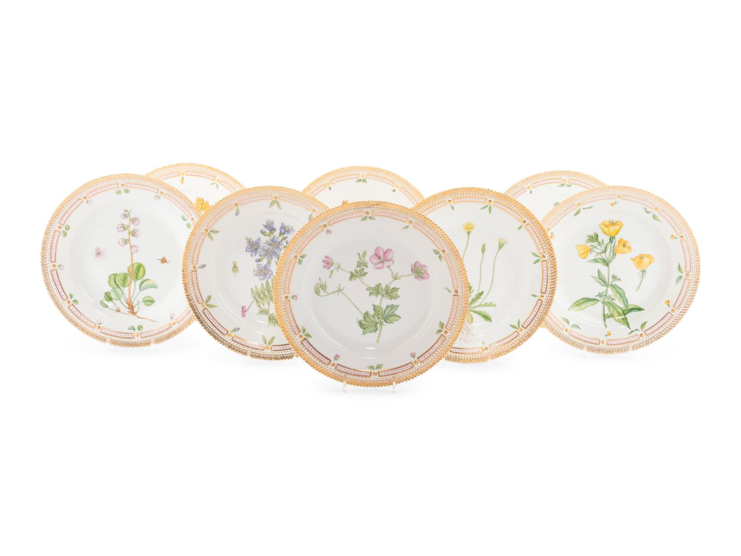 A Set of Eight Royal Copenhagen Flora Danica Porcelain Luncheon Plates