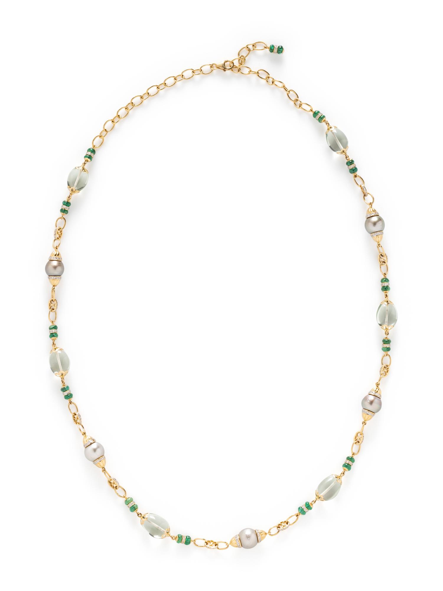CULTURED GREY PEARL, EMERALD, DIAMOND AND GREEN QUARTZ NECKLACE