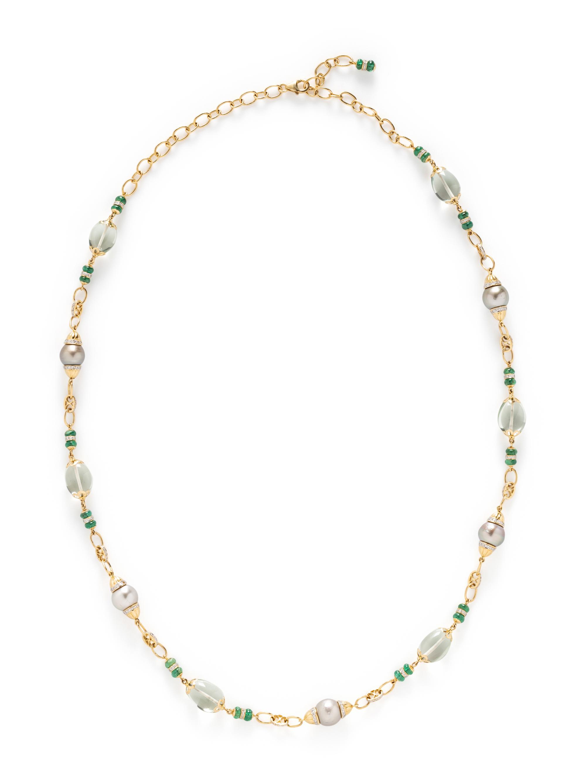 CULTURED GREY PEARL, EMERALD, DIAMOND AND GREEN QUARTZ NECKLACE