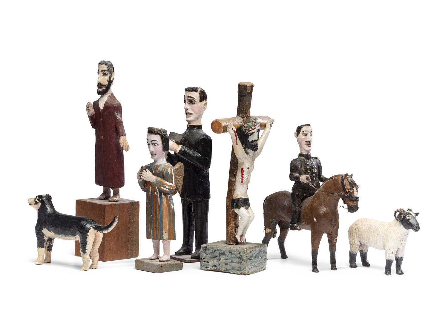 Seven Folk Art Carved and Painted Wood Figures