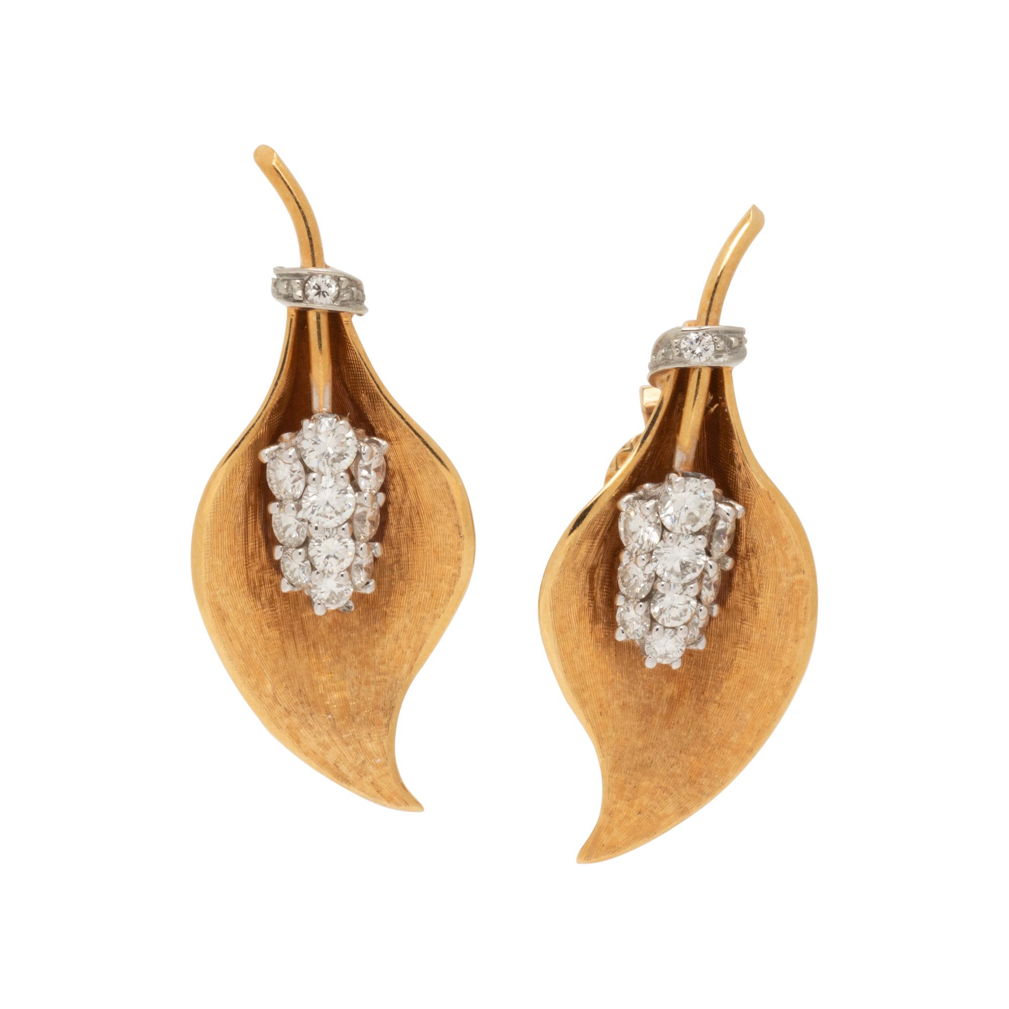 YELLOW GOLD AND DIAMOND LEAF EARCLIPS