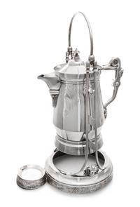 A Silver-Plate Coffee Urn, , the domed cover with a reeded band above the baluster form body having a gadroon rim and acanthus capped l