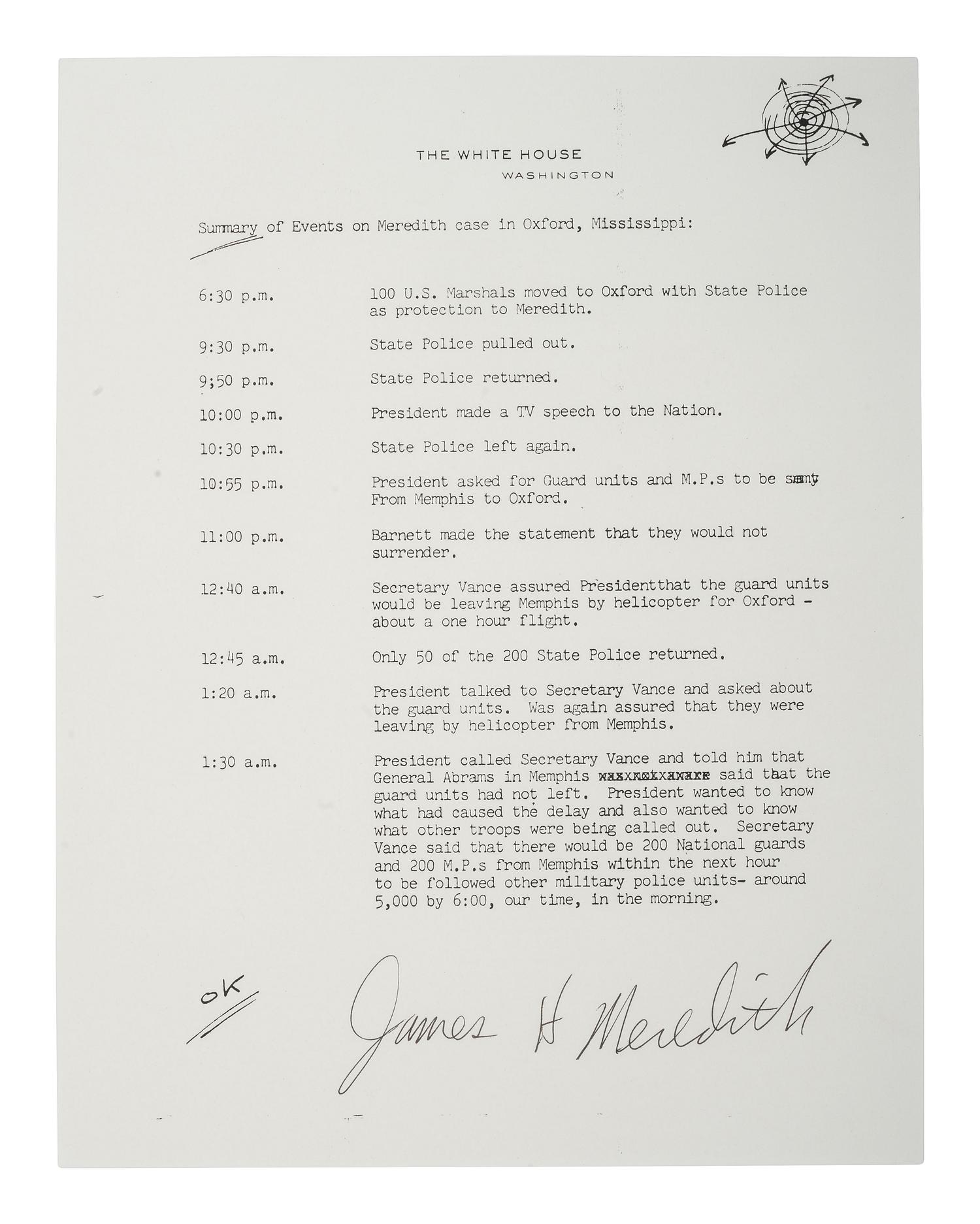 [CIVIL RIGHTS]. MEREDITH, James H. (b. 1933). Signed copy of typed document providing a summary of events related to the James Meredith case in Oxford, Mississippi.