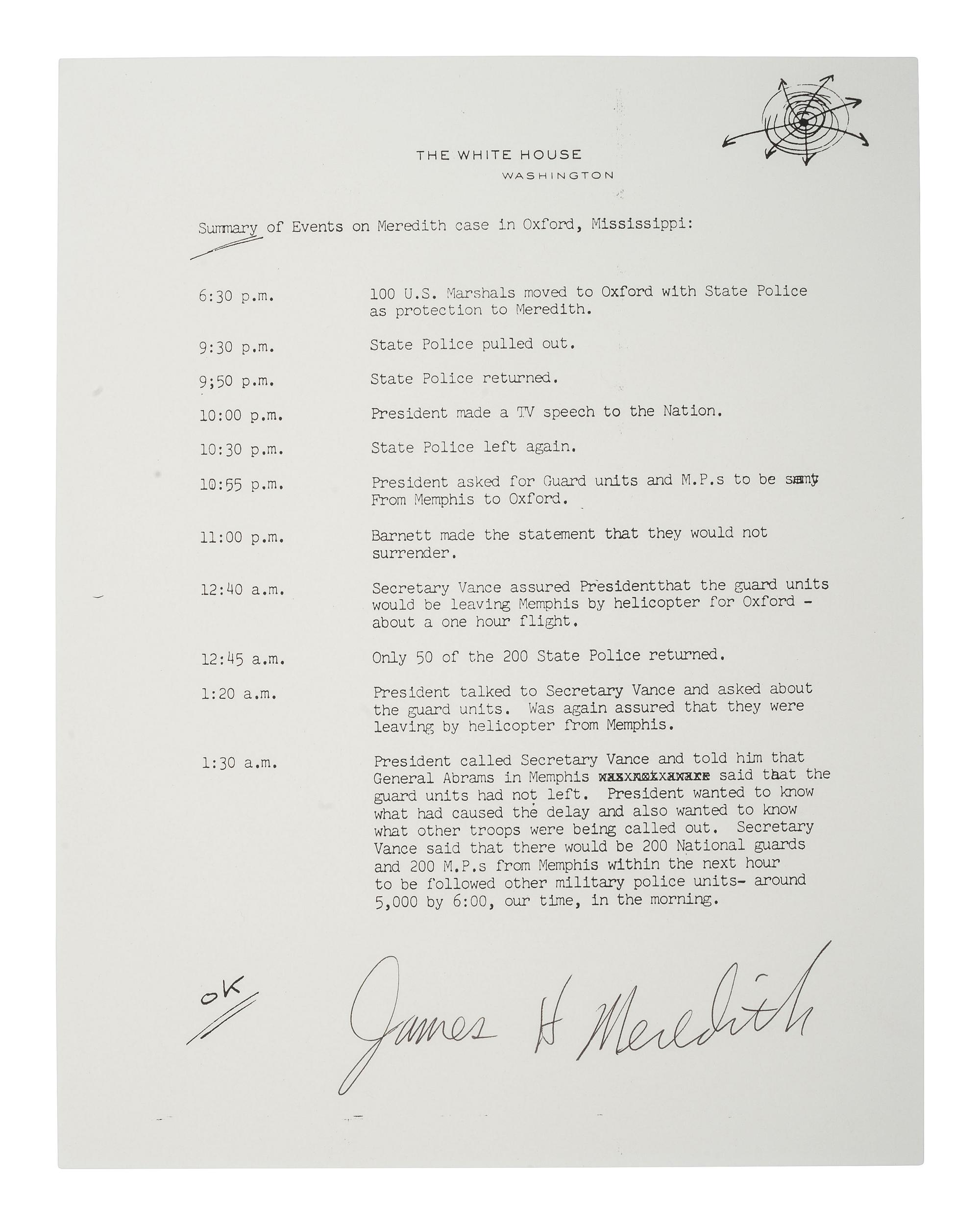 [CIVIL RIGHTS]. MEREDITH, James H. (b. 1933). Signed copy of typed document providing a summary of events related to the James Meredith case in Oxford, Mississippi.