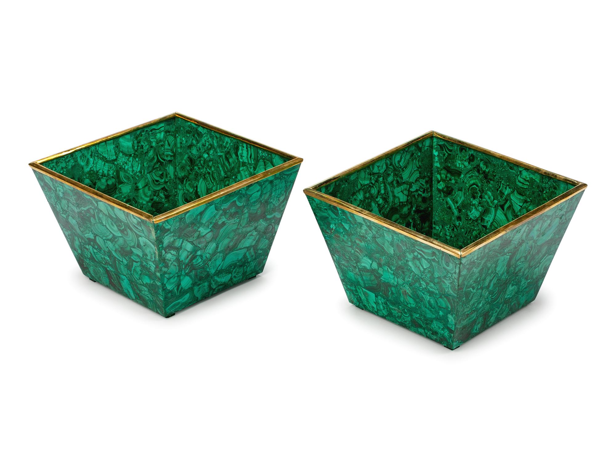 A Pair of Russian Gilt Bronze Mounted Malachite Veneered Planters