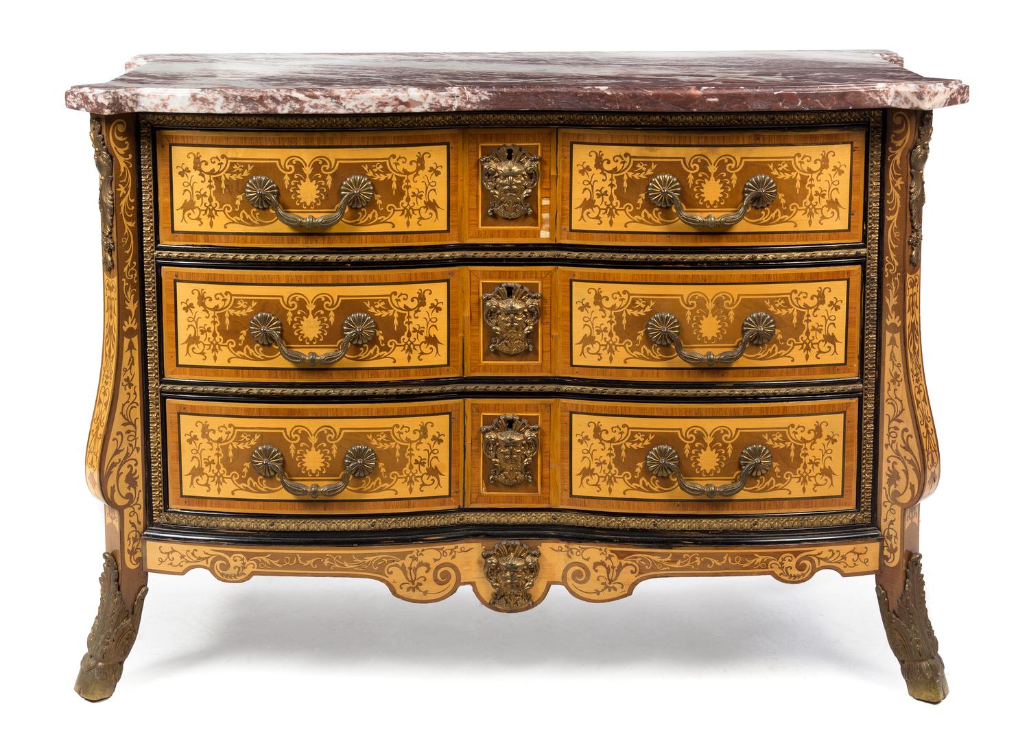 An Italian Baroque Style Gilt Bronze Mounted Marquetry Decorated Commode Height 31 x width 45 x depth 21 1/4 inches. — 20TH CENTURY