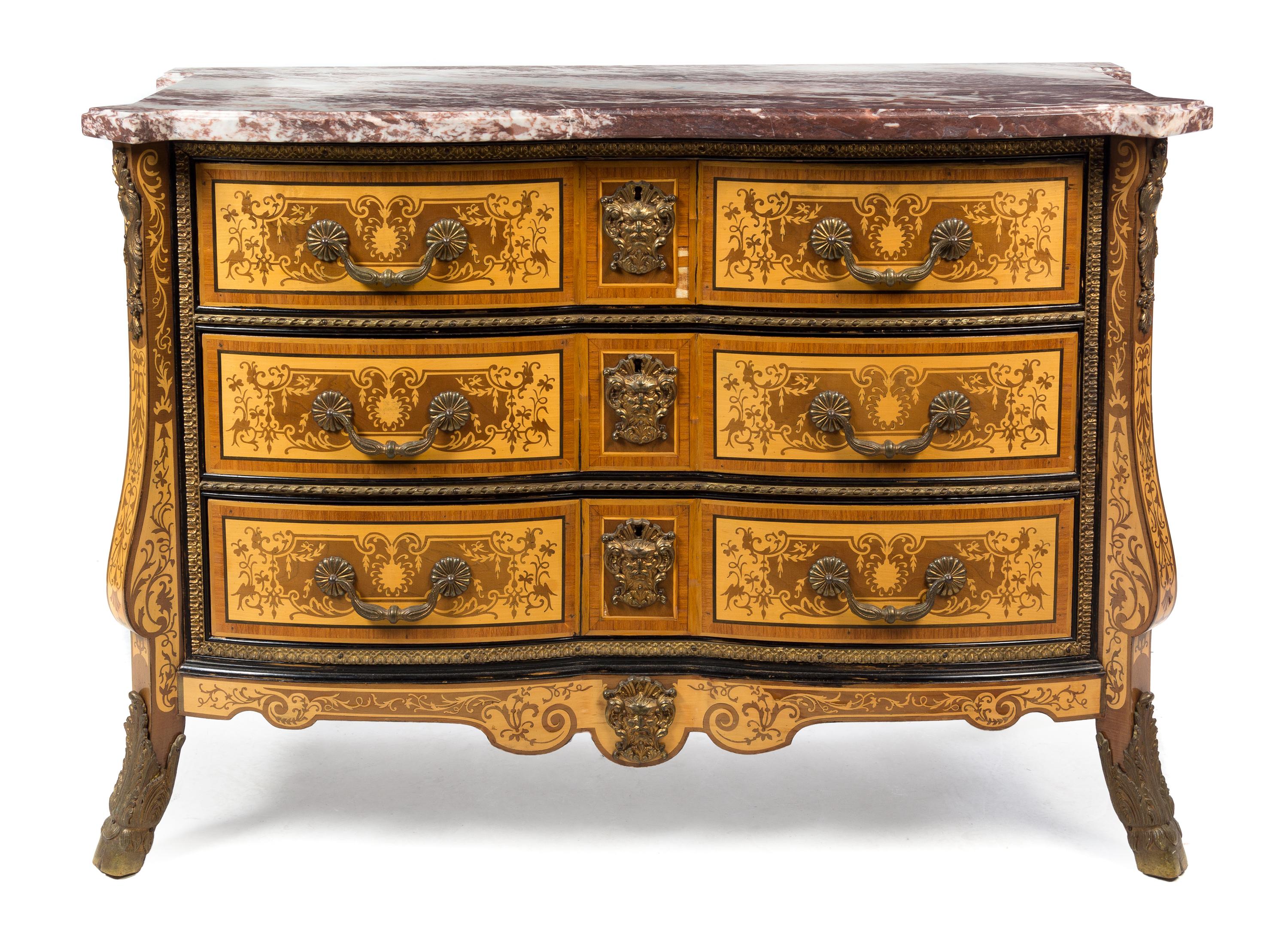 An Italian Baroque Style Gilt Bronze Mounted Marquetry Decorated Commode Height 31 x width 45 x depth 21 1/4 inches. — 20TH CENTURY