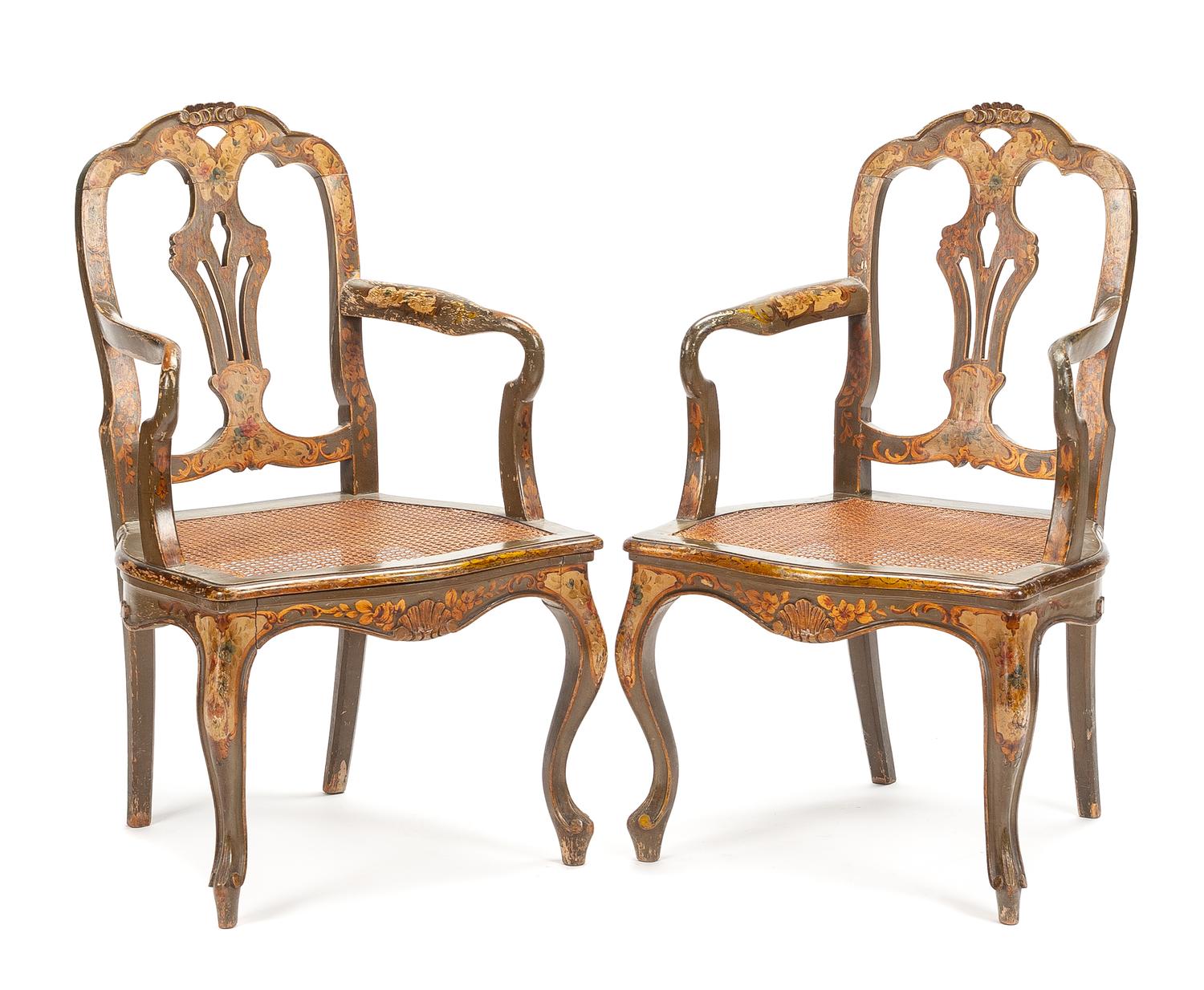 A Pair of Venetian Painted Armchairs Height 36 inches. — 19TH CENTURY