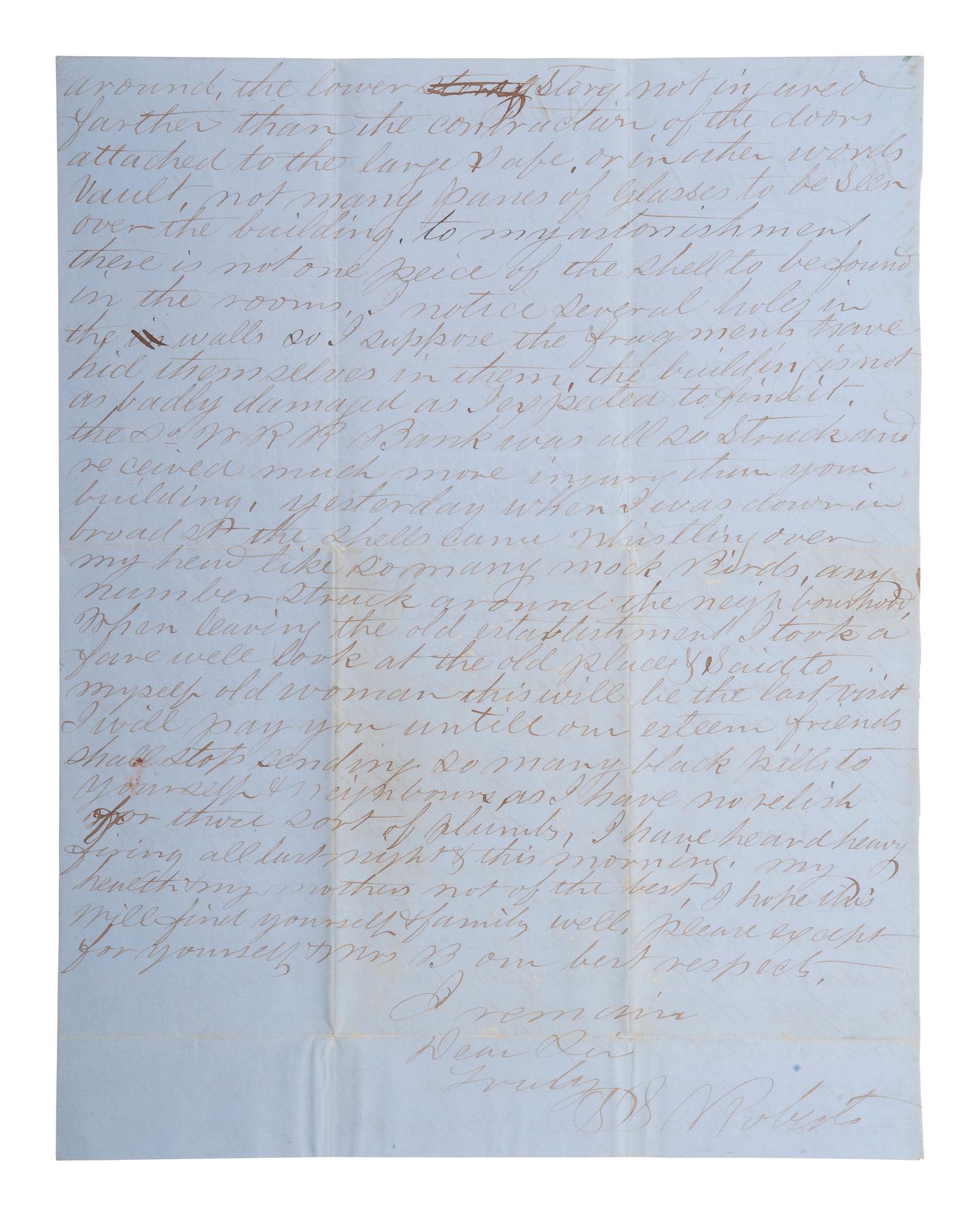 [CIVIL WAR]. A merchant's letter providing a detailed description of the bombing of Charleston, SC. Summerville, 17 January 1864.