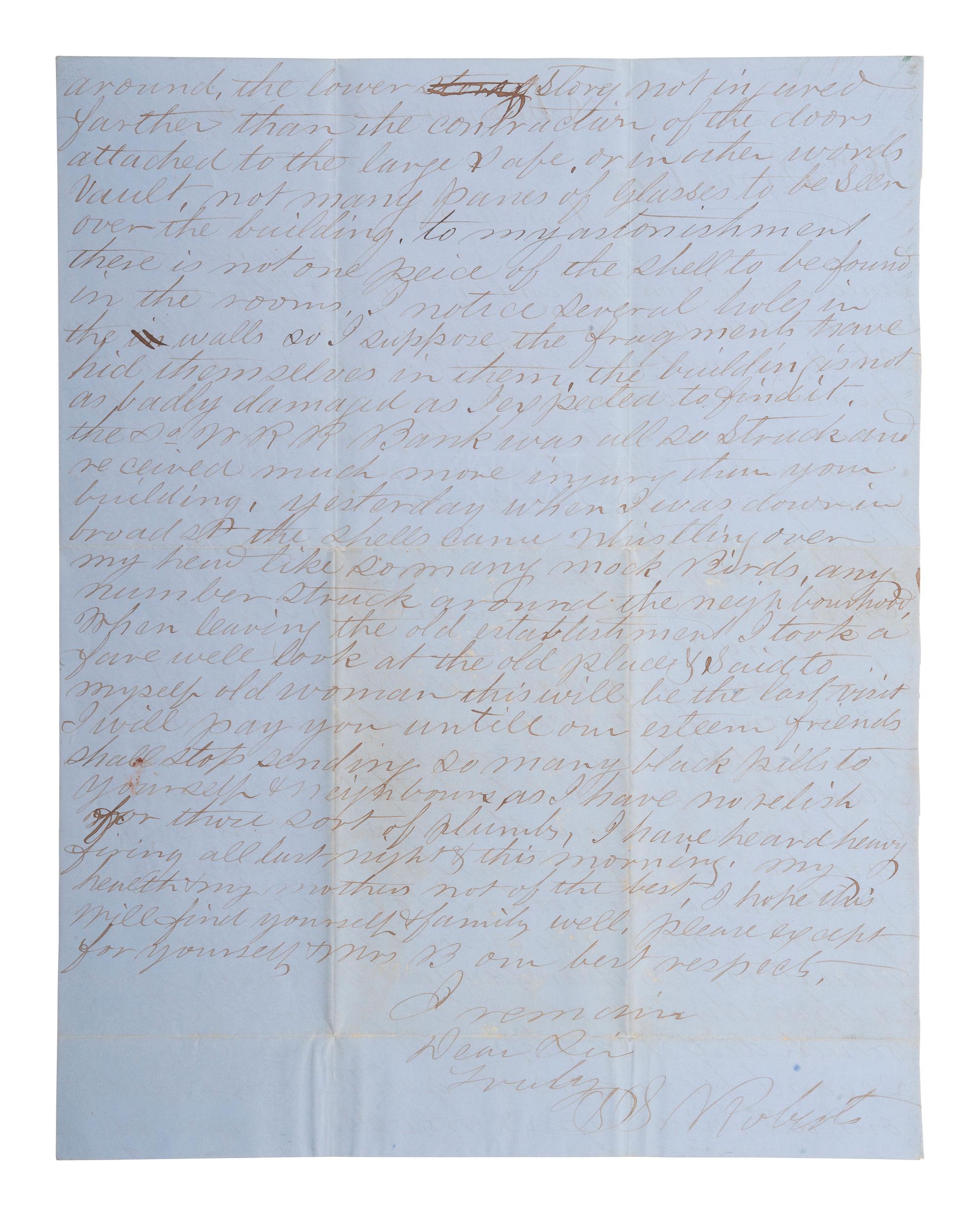 [CIVIL WAR]. A merchant's letter providing a detailed description of the bombing of Charleston, SC. Summerville, 17 January 1864.