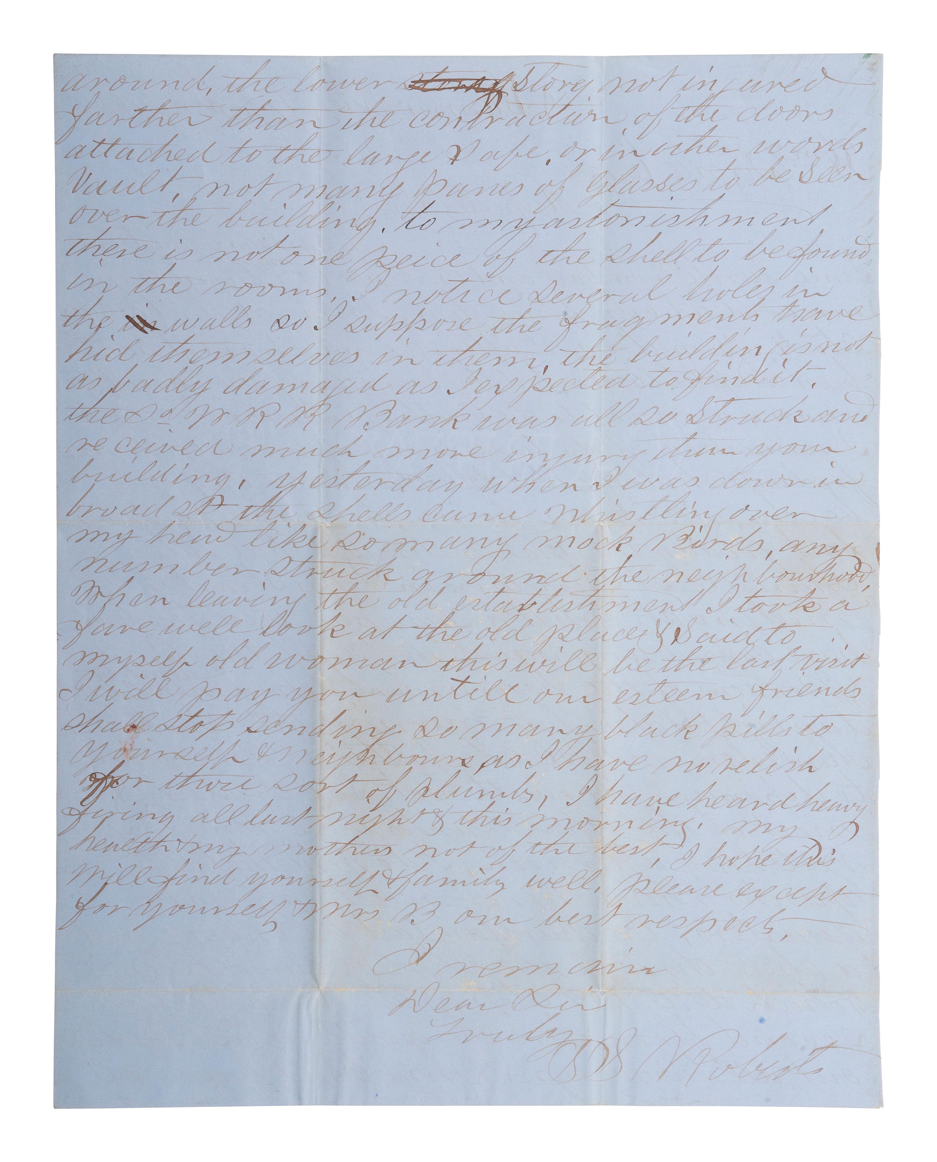 [CIVIL WAR]. A merchant's letter providing a detailed description of the bombing of Charleston, SC. Summerville, 17 January 1864.