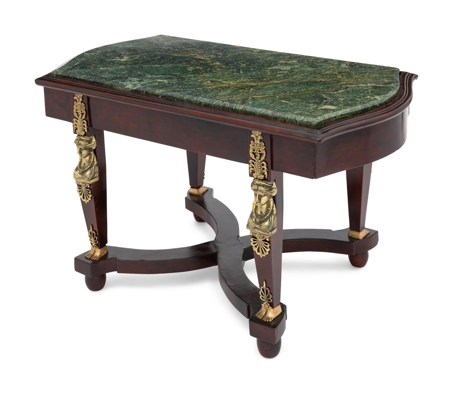 An Empire Style Brass Mounted Mahogany and Marble-Top Cocktail Table
