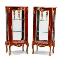 A Pair of Louis XV Style Marble-Top Vitrine Cabinets