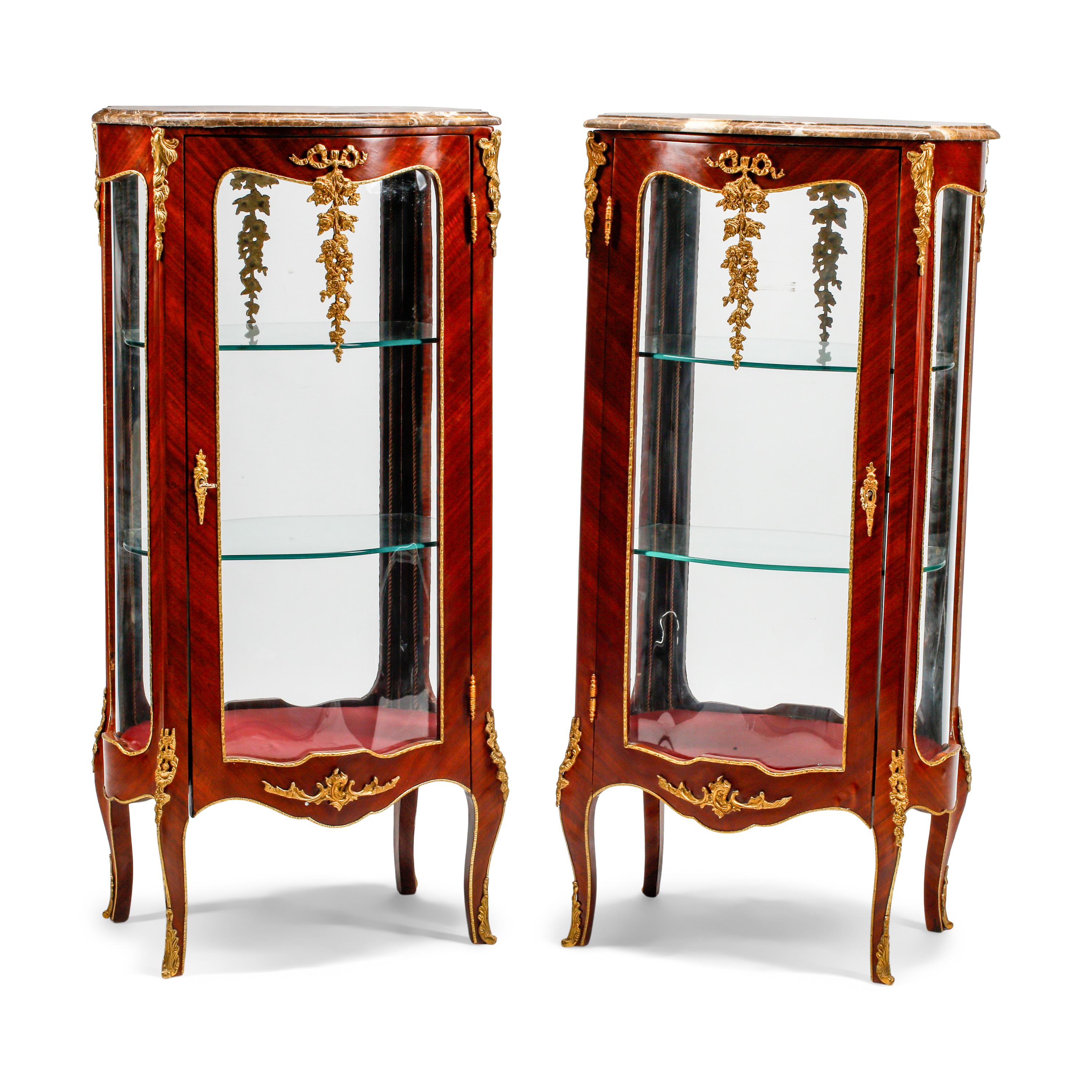 A Pair of Louis XV Style Marble-Top Vitrine Cabinets