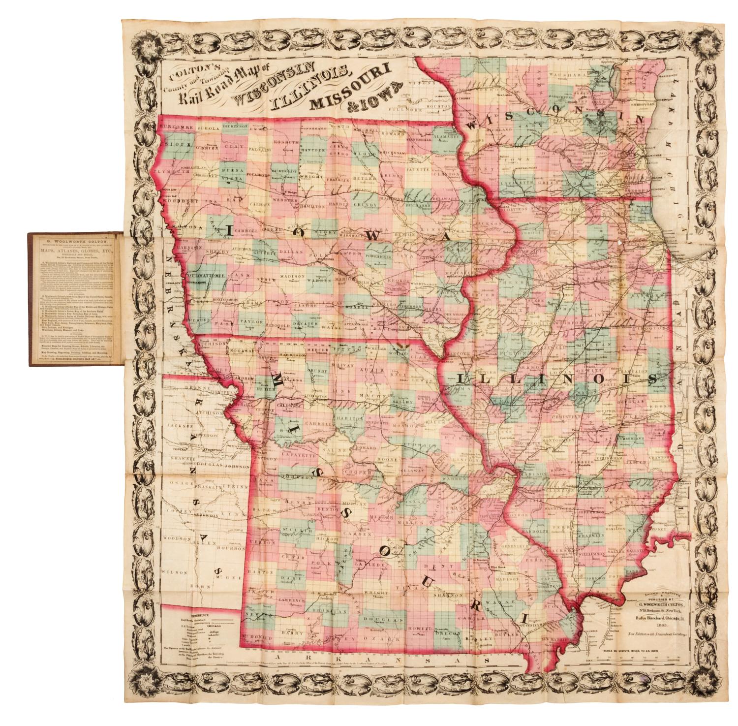 COLTON, George Woolworth. Colton's County and Township Rail Road Map of Wisconsin, Illinois, Missouri, & Iowa. 1863.