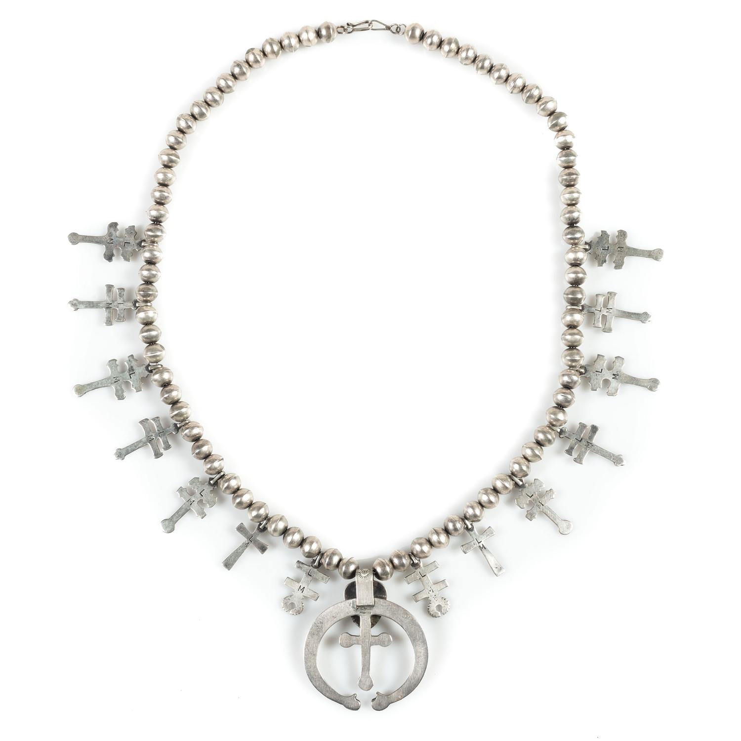 Navajo Sterling Silver and Turquoise Squash Blossom Necklace, with Double-Crosses