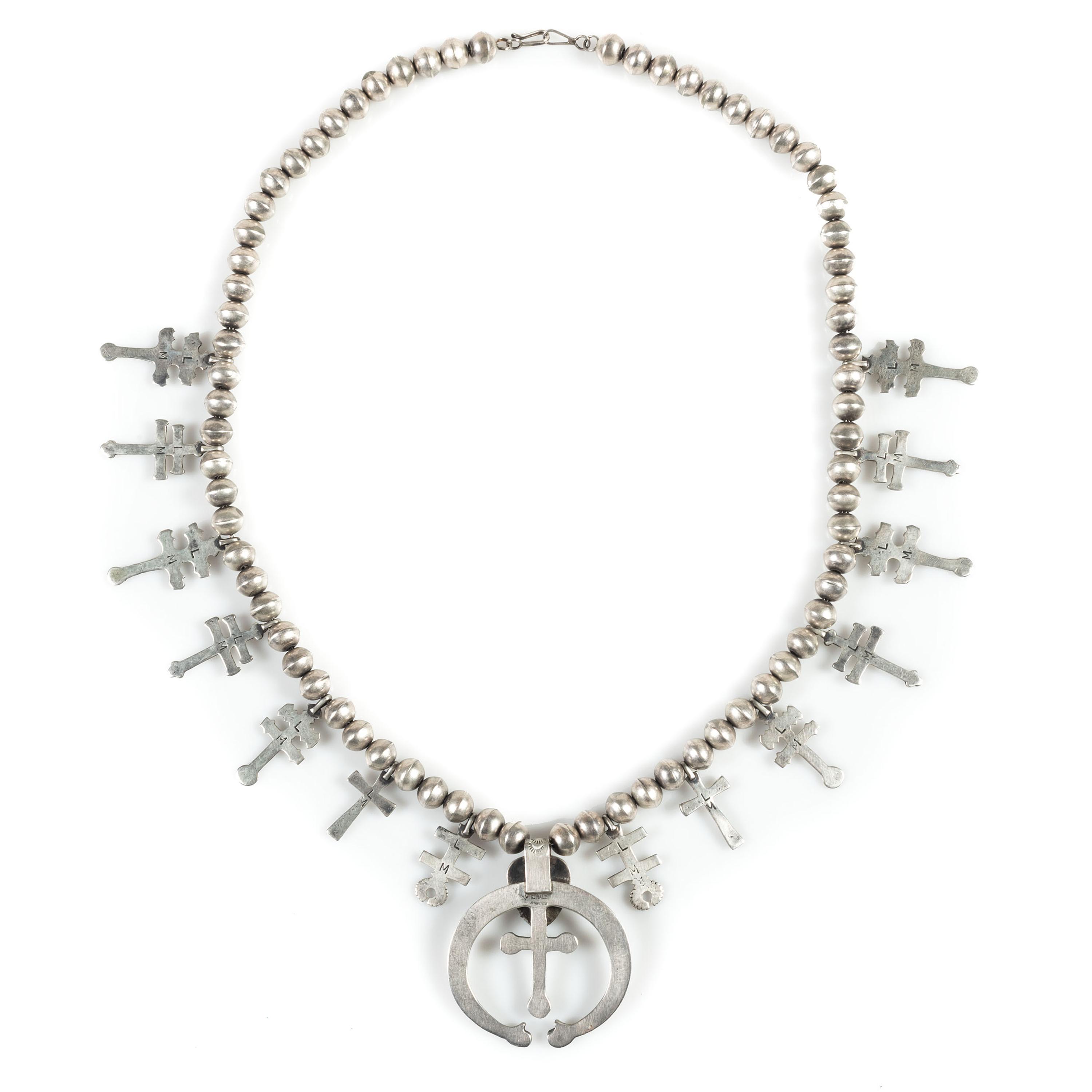 Navajo Sterling Silver and Turquoise Squash Blossom Necklace, with Double-Crosses