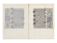 ANONYMOUS FRENCH ILLUMINATORS Bifolium and two illuminated leaves from three separate Books of Hours, one with historiated initial of a man in contemporary dress, in Latin, illuminated manuscript on parchment [France, c. 1450–1475]