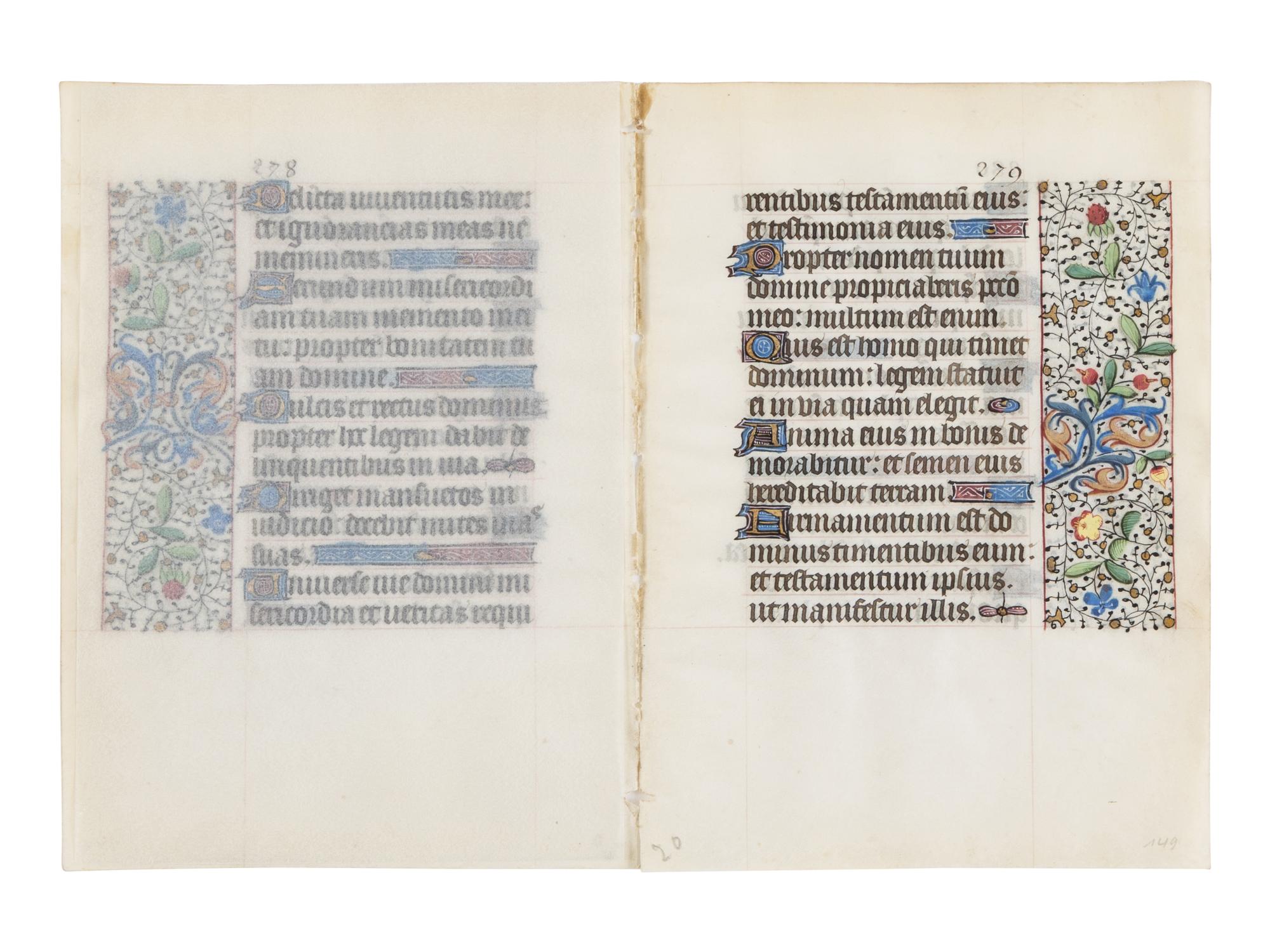 ANONYMOUS FRENCH ILLUMINATORS Bifolium and two illuminated leaves from three separate Books of Hours, one with historiated initial of a man in contemporary dress, in Latin, illuminated manuscript on parchment [France, c. 1450–1475]