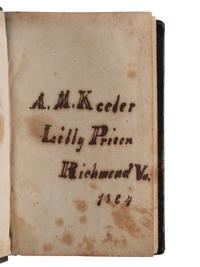 [CIVIL WAR]. Union POW autograph album signed by officers confined at Libby Prison and Bible identified to Capt. Alonzo Martin Keeler, 22nd Michigan Infantry.
