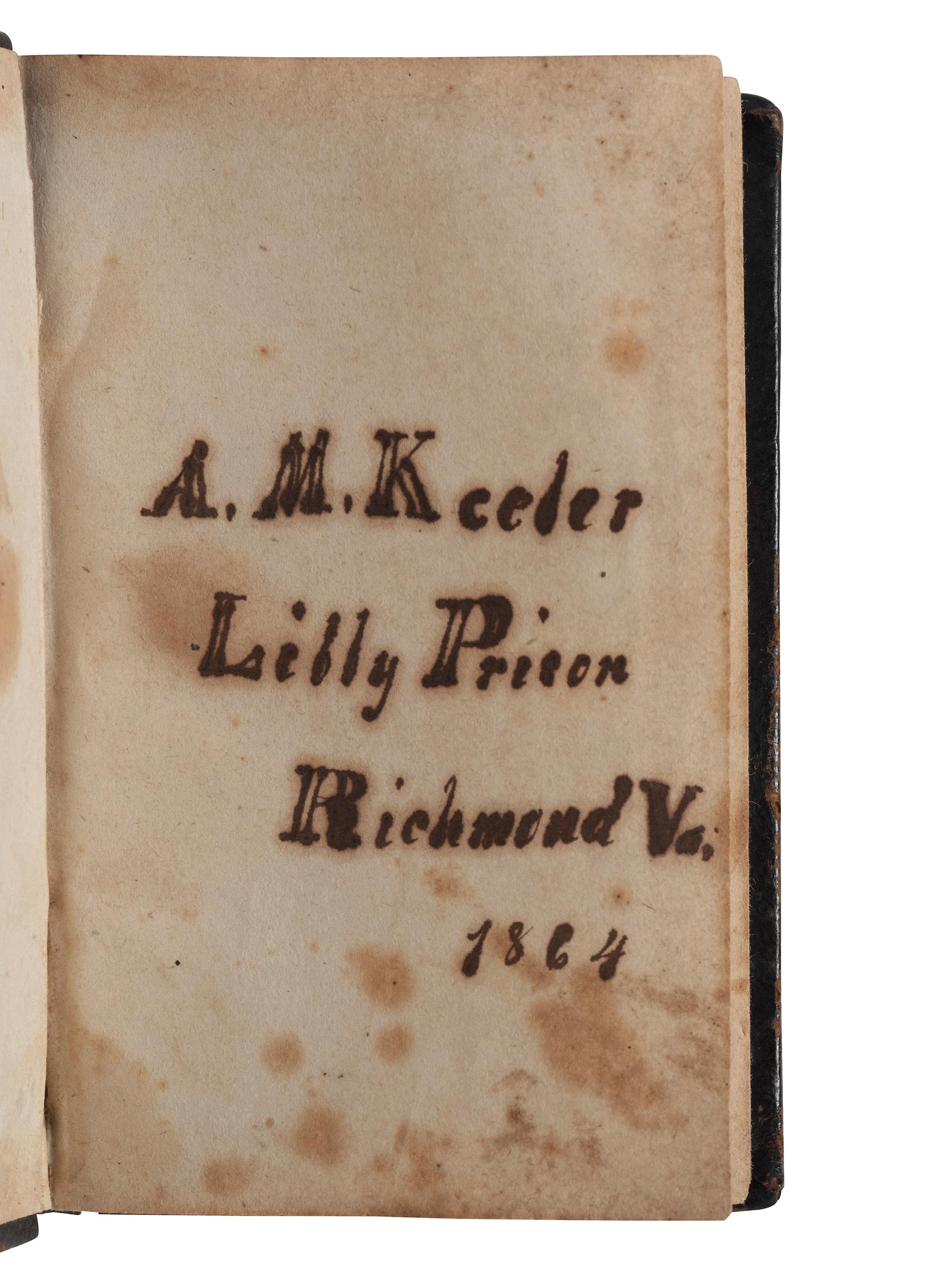 [CIVIL WAR]. Union POW autograph album signed by officers confined at Libby Prison and Bible identified to Capt. Alonzo Martin Keeler, 22nd Michigan Infantry.