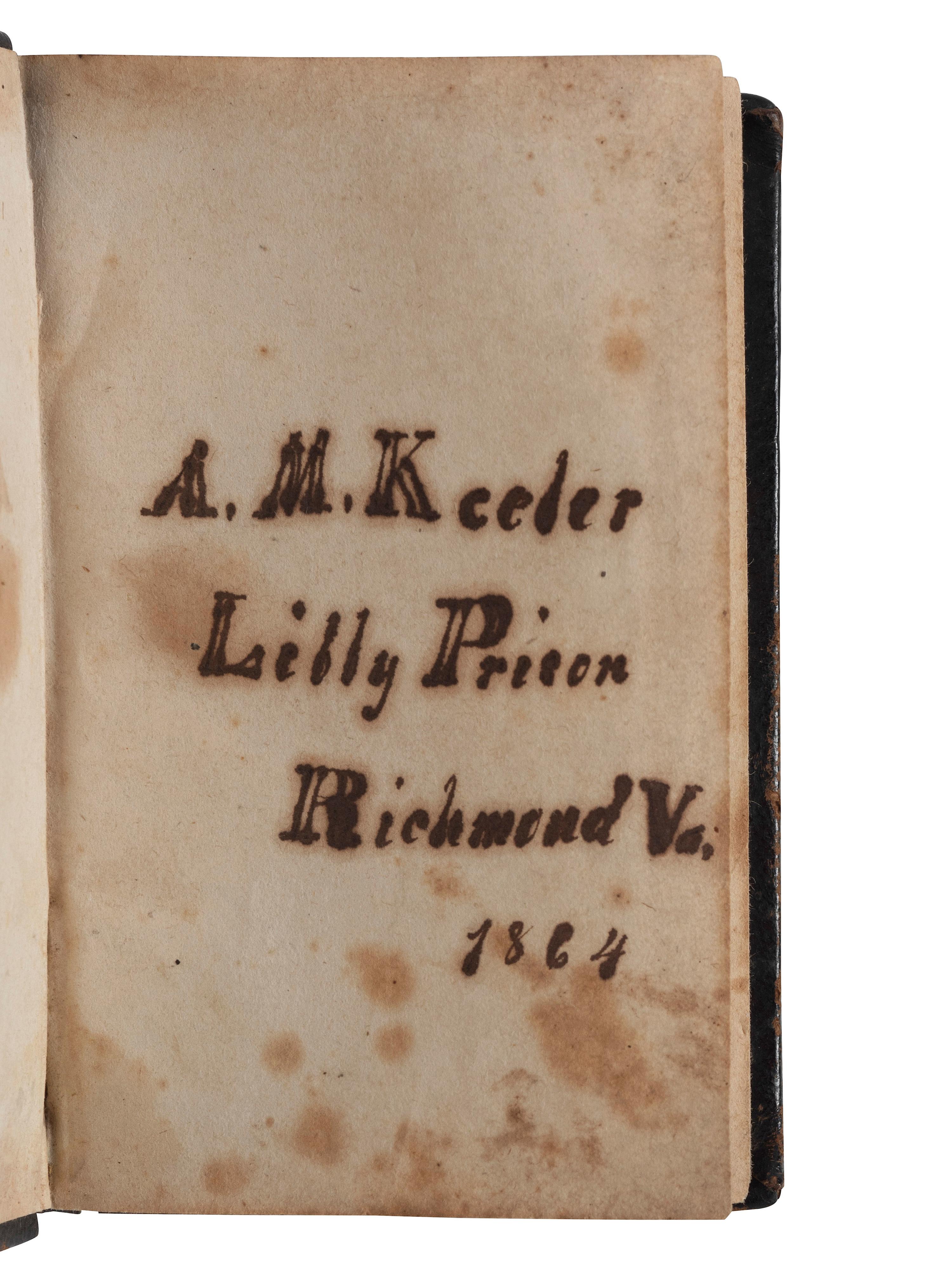 [CIVIL WAR]. Union POW autograph album signed by officers confined at Libby Prison and Bible identified to Capt. Alonzo Martin Keeler, 22nd Michigan Infantry.