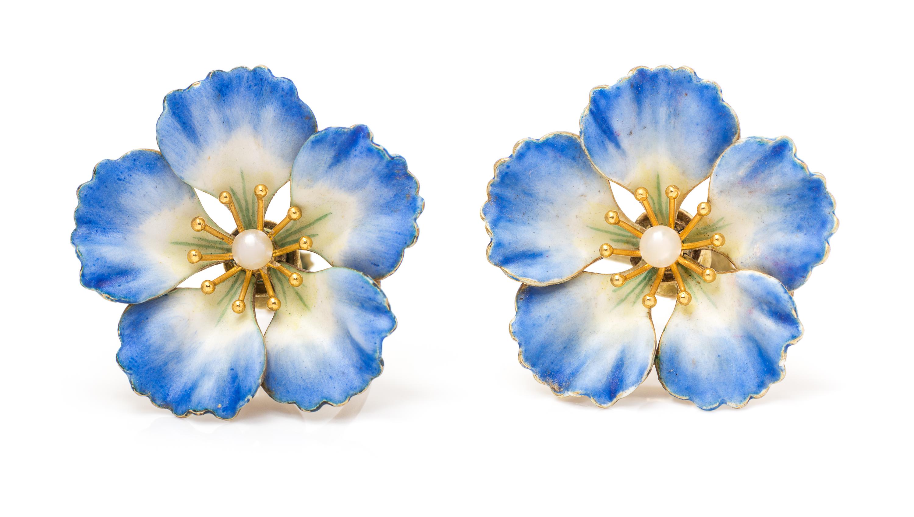 A Pair of Yellow Gold, Polychrome Enamel and Seed Pearl Earrings, 6.20 dwts.