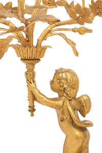 A Pair of Louis XV Style Gilt Bronze and Marble Three-Light Candelabra