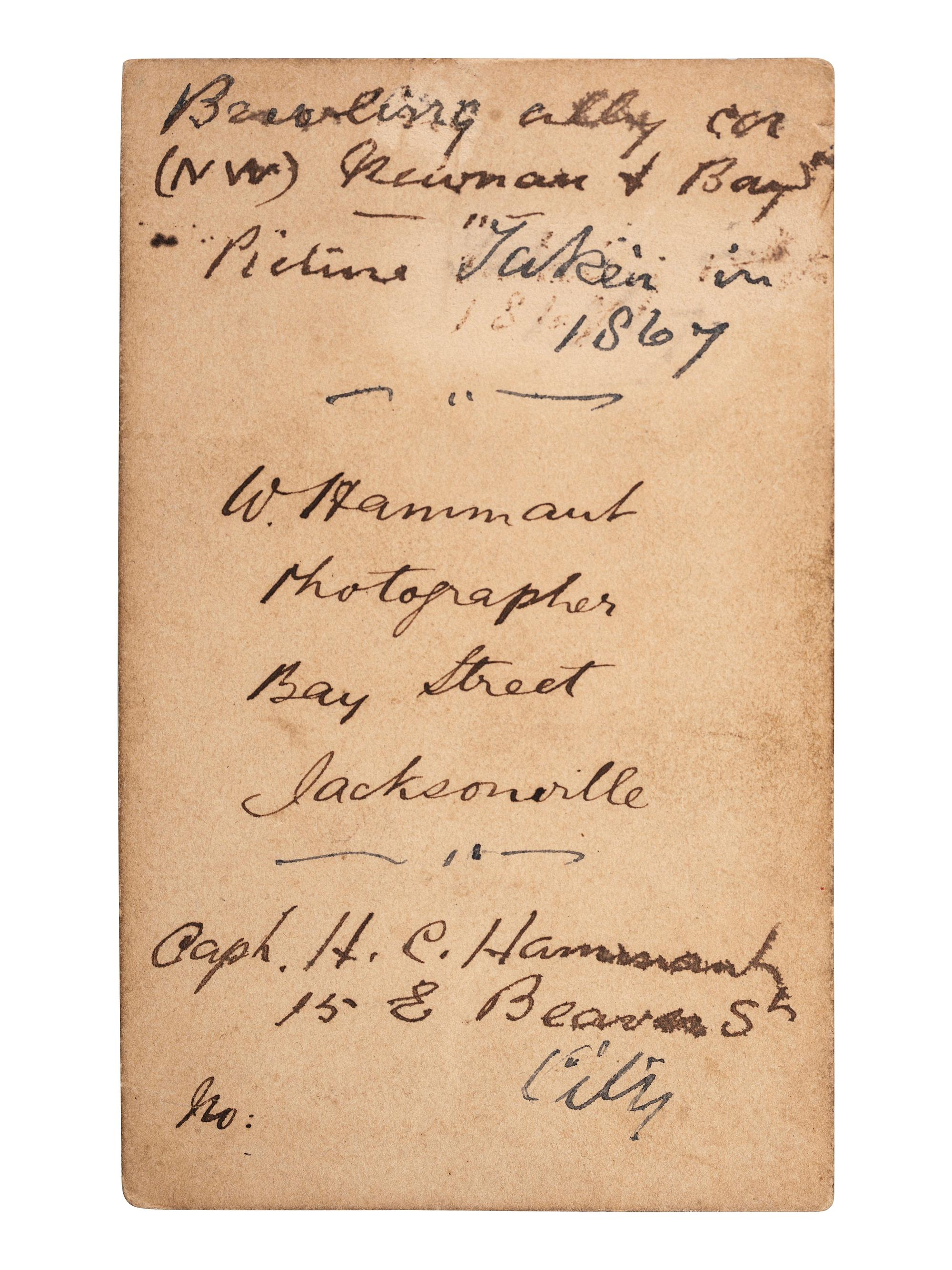[EARLY PHOTOGRAPHY]. HAMMANT, W., photographer. CDV of an early indoor wooden frame bowling alley. Jacksonville, FL: 1867.