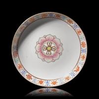 A Chinese Famille Rose Saucer Dish, 'Baragon Tumed' Mark in Mongolian Script, Daoguang Period — 清道光 粉彩七政寳紋盤 礬紅蒙文款