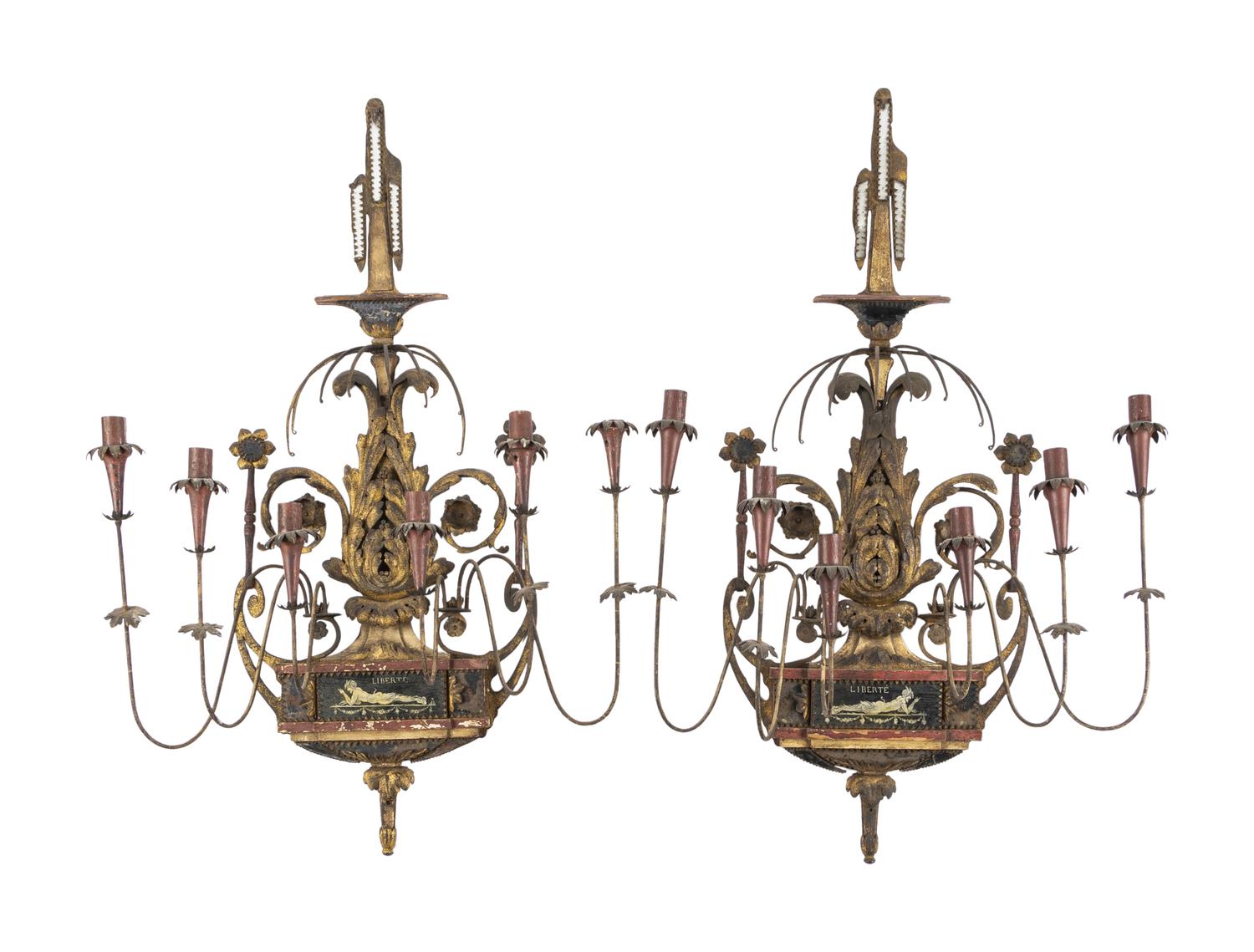 A Pair of Large French or Italian Tole Six-Light Sconces
