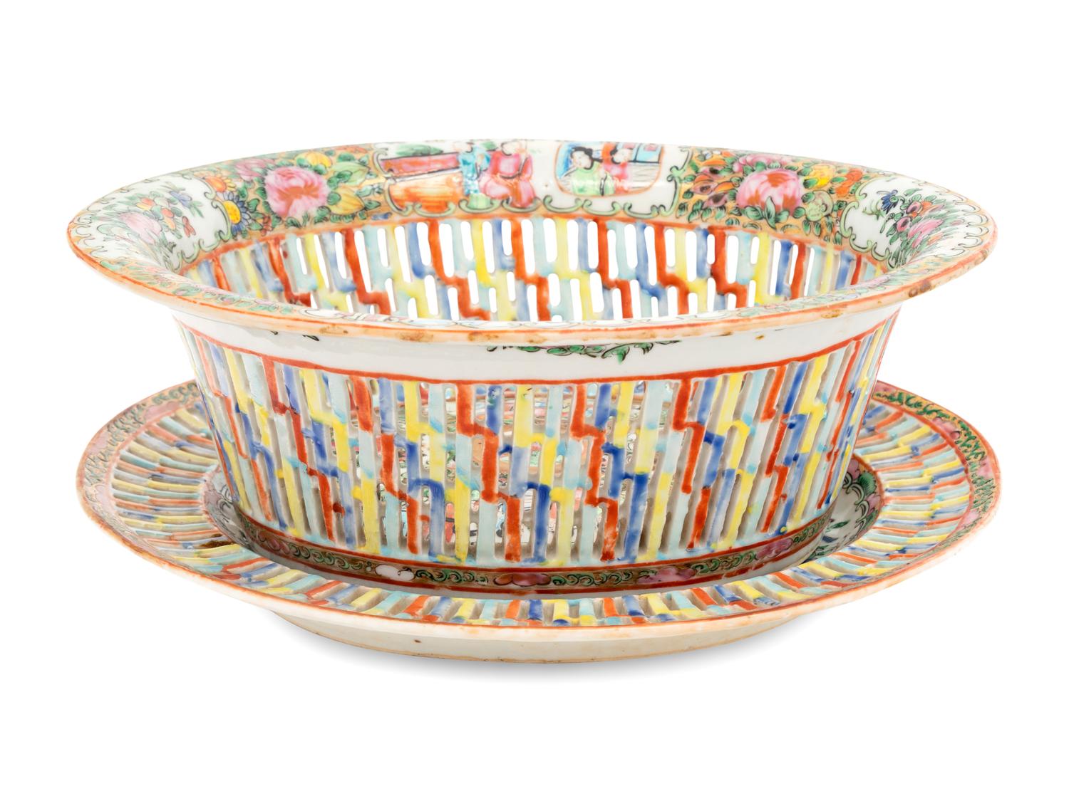 A Chinese Export Rose Medallion Porcelain Basket and Underplate