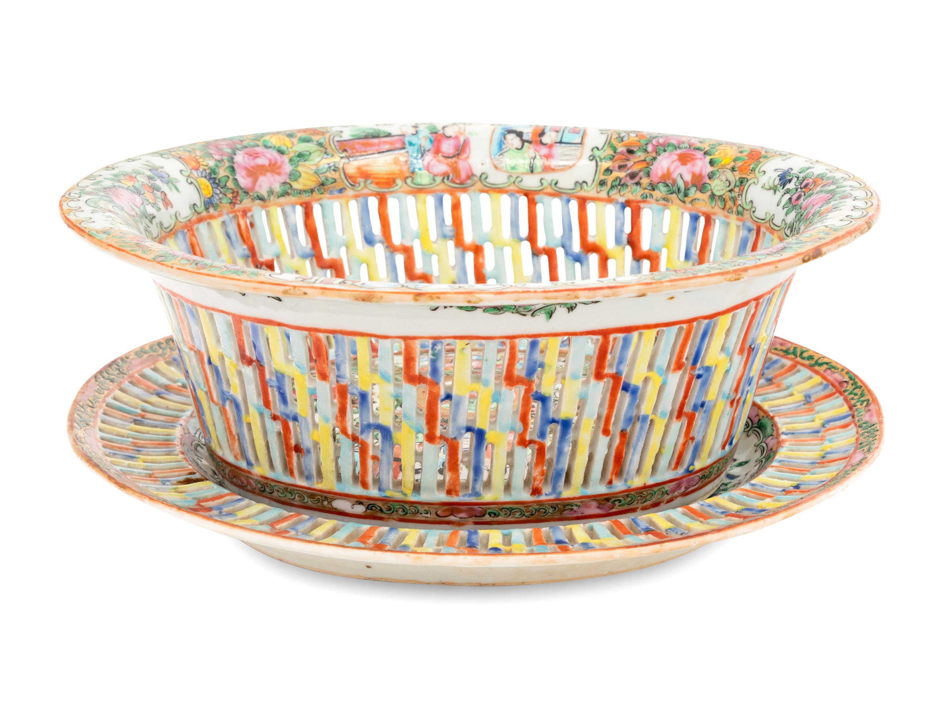 A Chinese Export Rose Medallion Porcelain Basket and Underplate