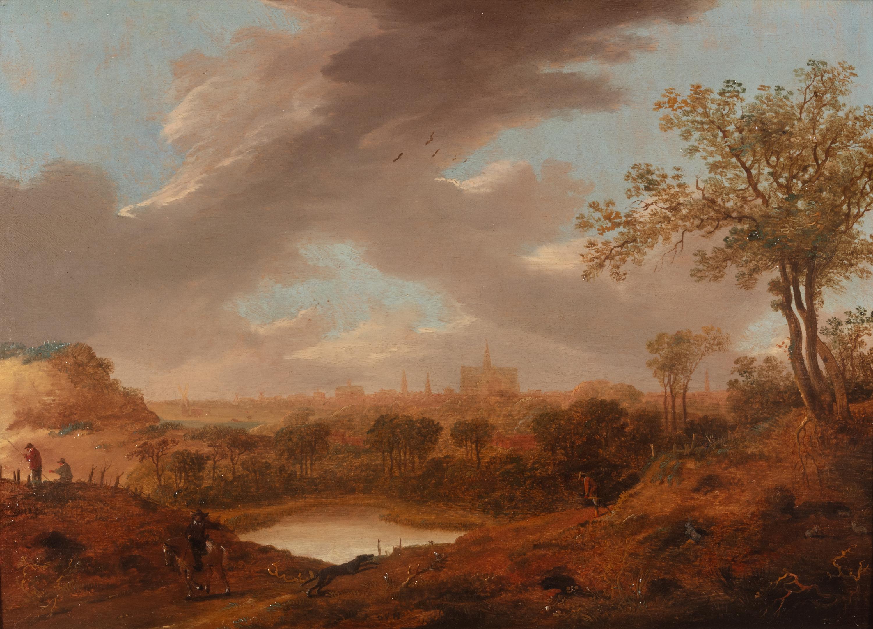 Dirck Verhaert (Dutch, 1610-1675) — A River Landscape with Travelers and Men Fishing, View of Haarlem