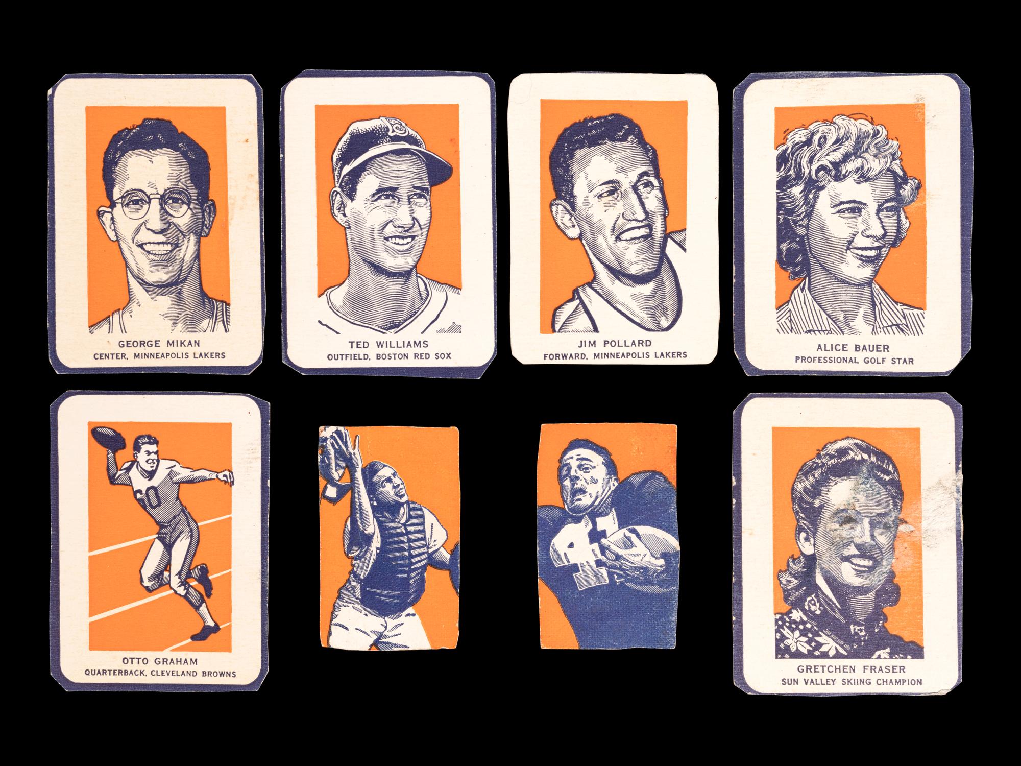 A Group of Eight 1952 Wheaties Sports Cards (Including Ted Williams and George Mikan),