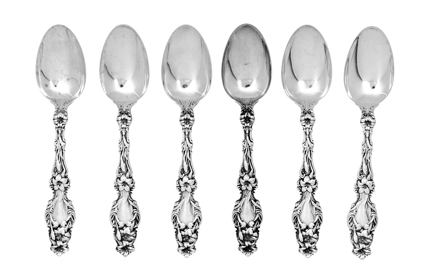 A Set of Six American Silver Teaspoons, Whiting Mfg. Co., New York, NY, Lily pattern.