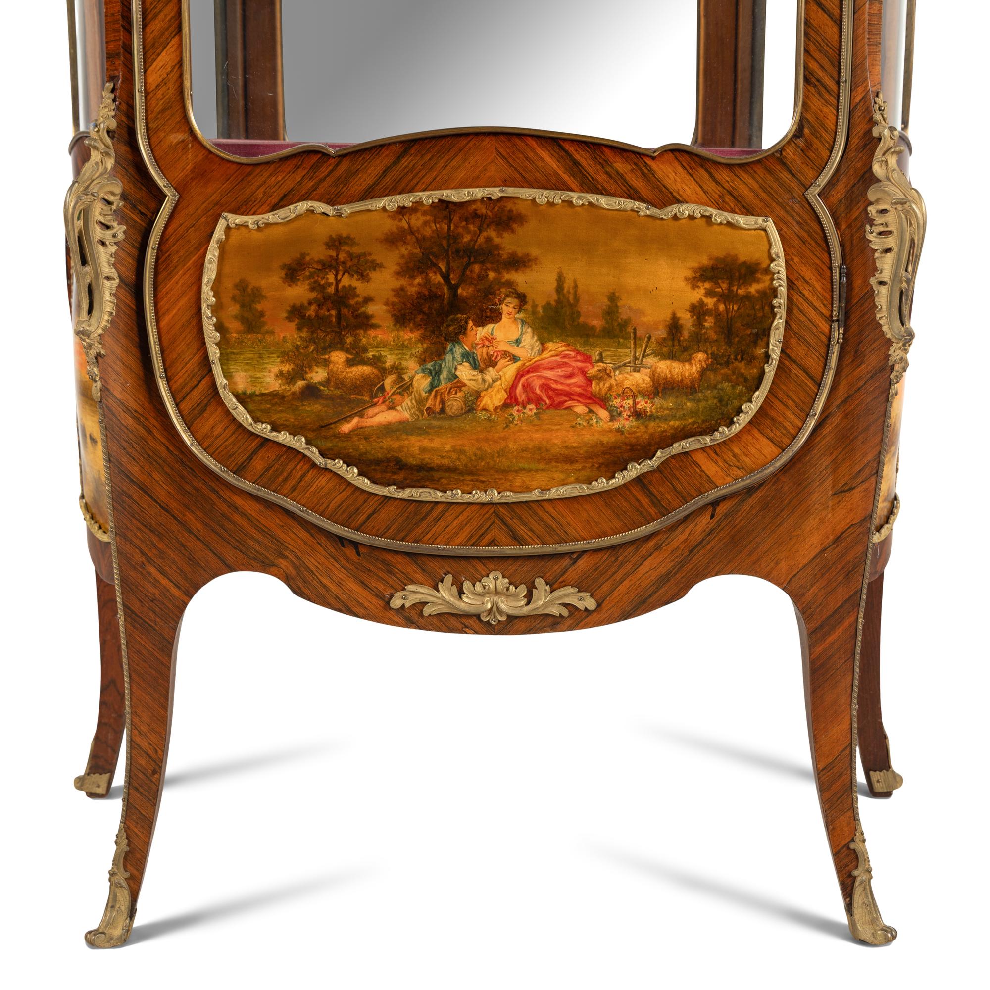 A Pair of Louis XV Style Kingwood, Vernis Martin and Gilt Bronze Mounted Vitrine Cabinets