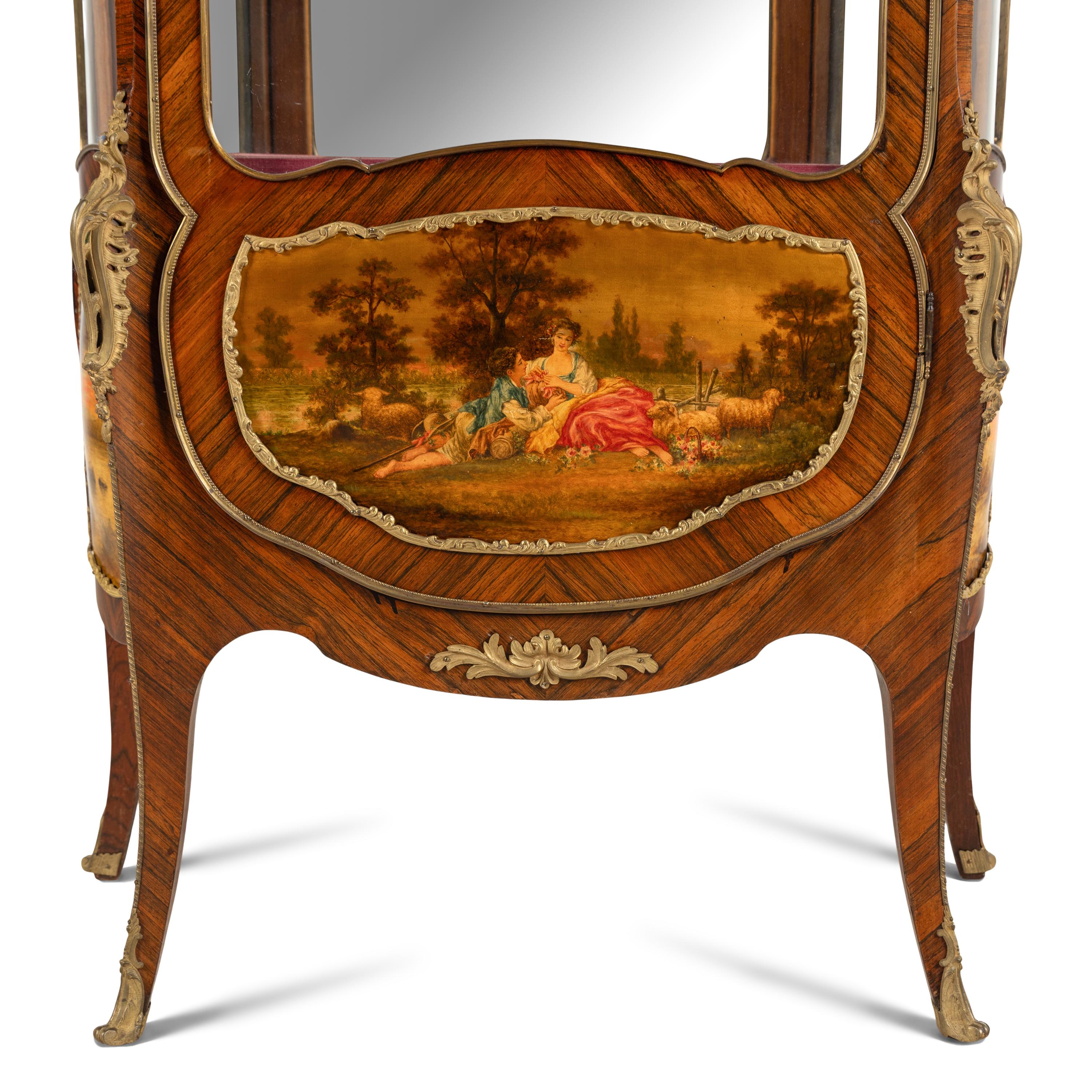 A Pair of Louis XV Style Kingwood, Vernis Martin and Gilt Bronze Mounted Vitrine Cabinets