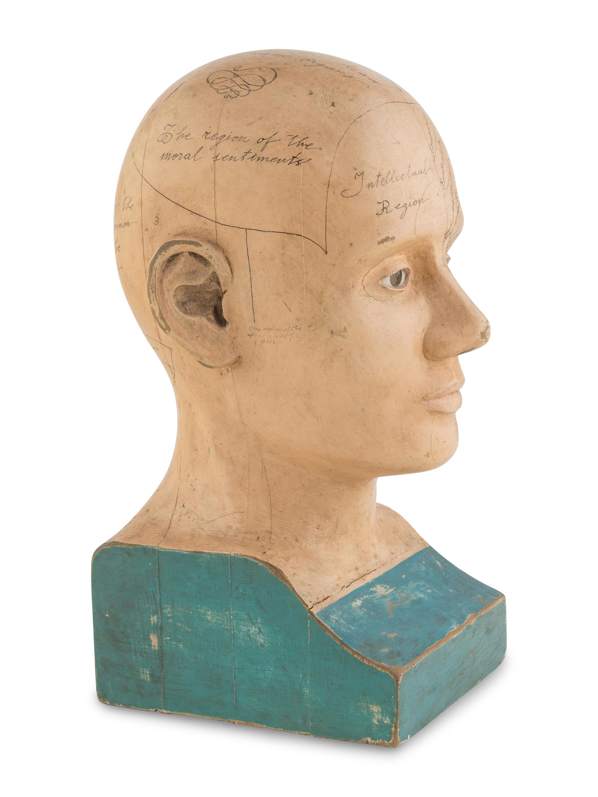A Carved and Painted Wood Phrenology Head