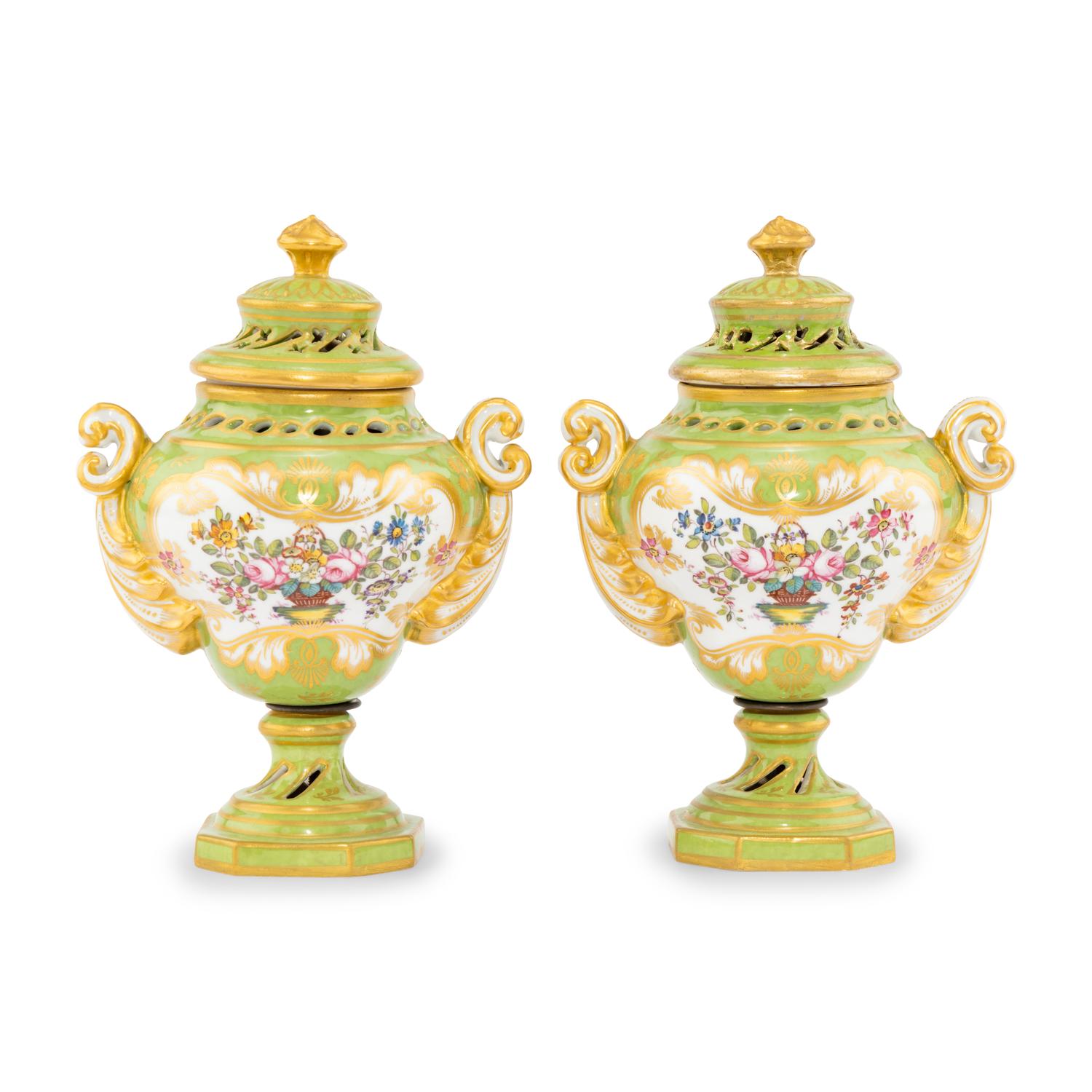 A Pair of Rockingham Porcelain Potpourri Urns